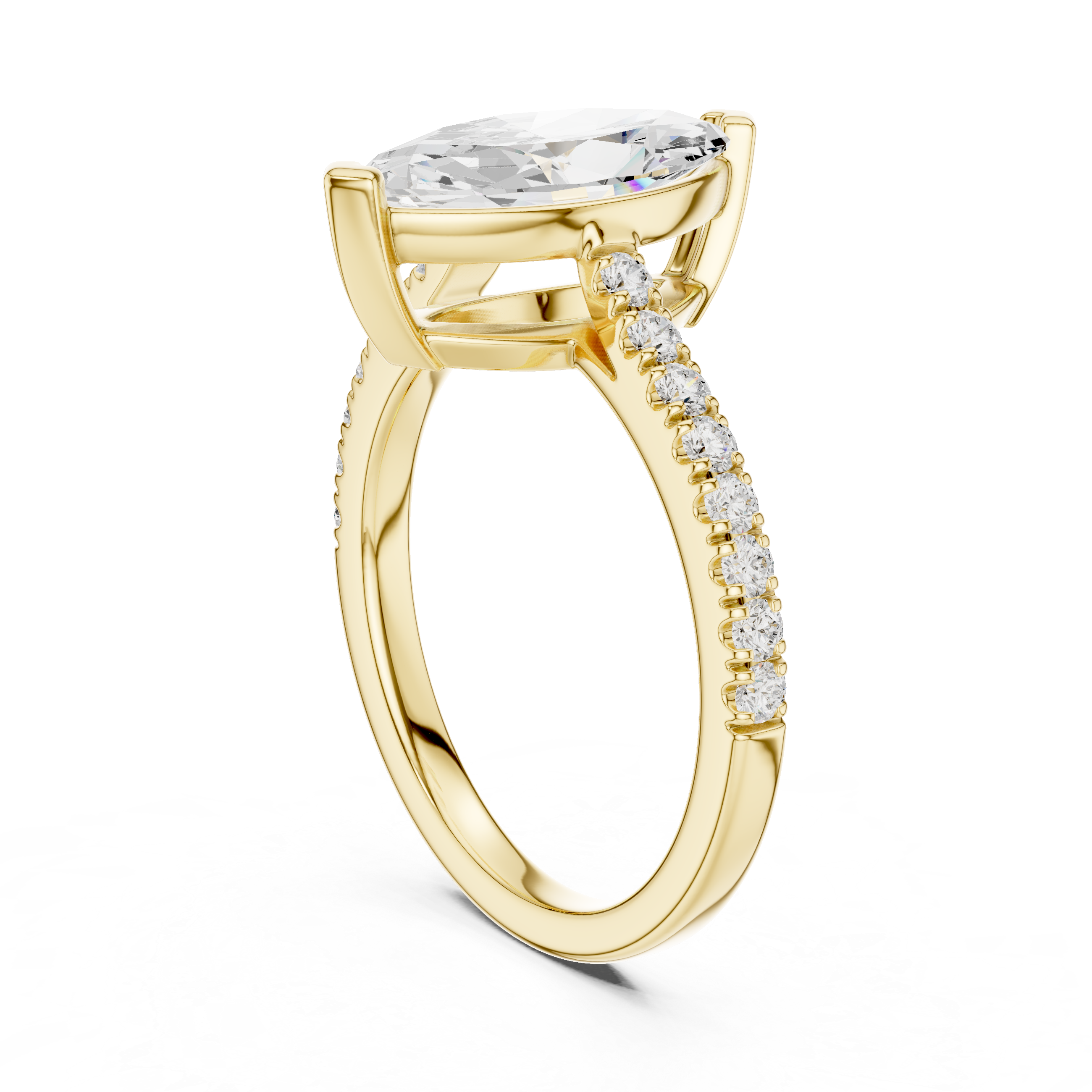 Gold ring with a large central diamond and smaller diamonds along the band on a white background