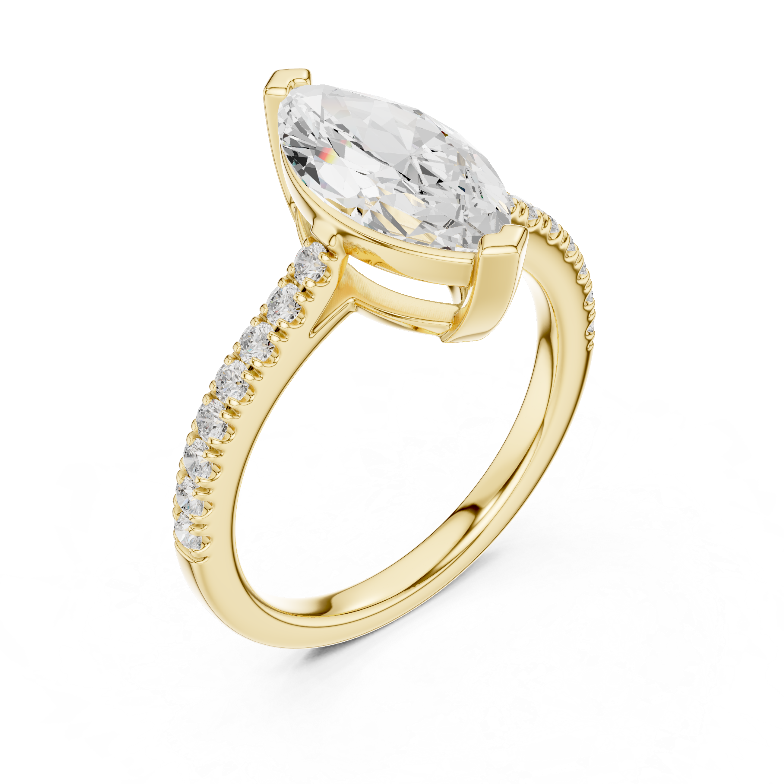 Gold ring with a large diamond and smaller diamonds on the band against a white background