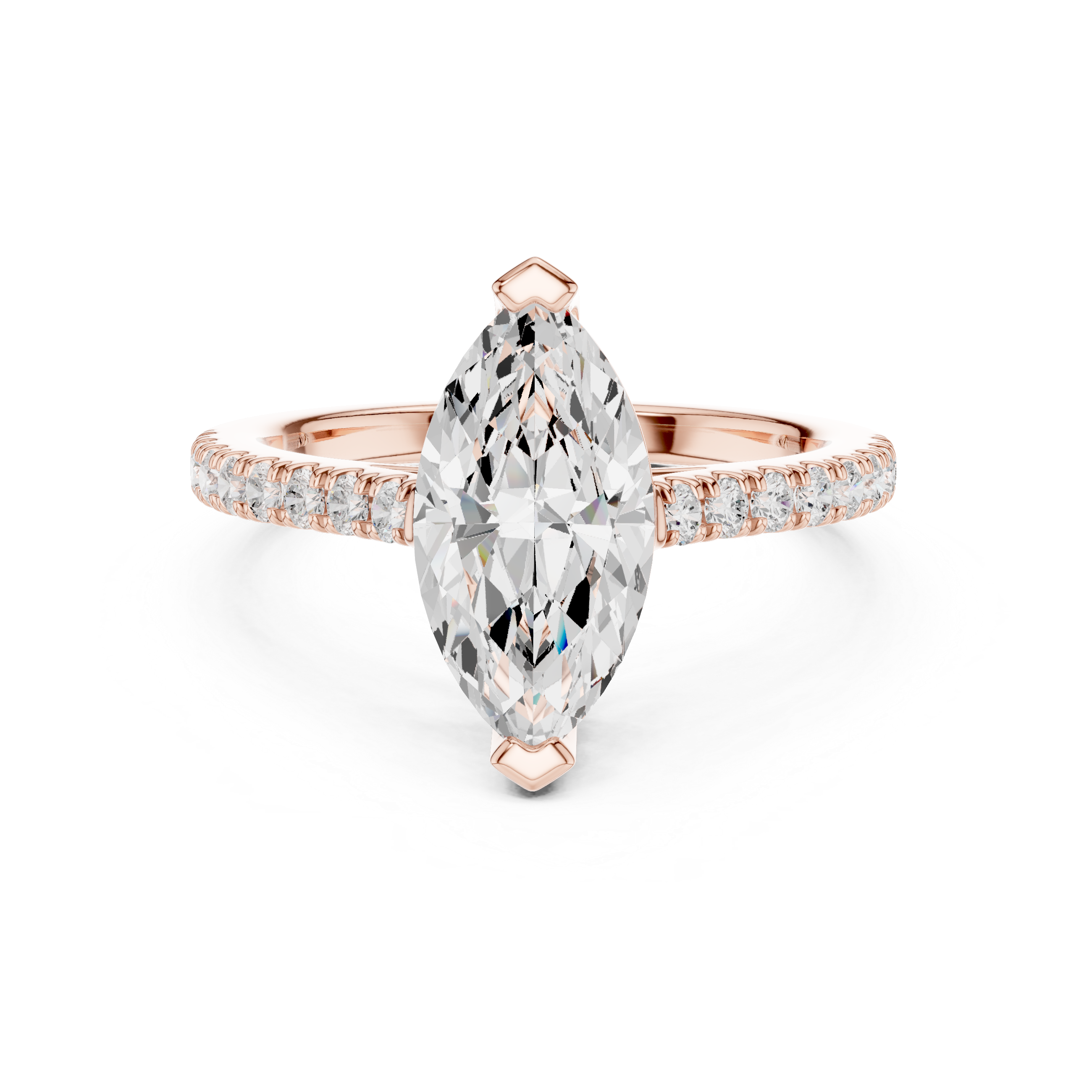 Rose gold ring with a pear-shaped diamond on a white background