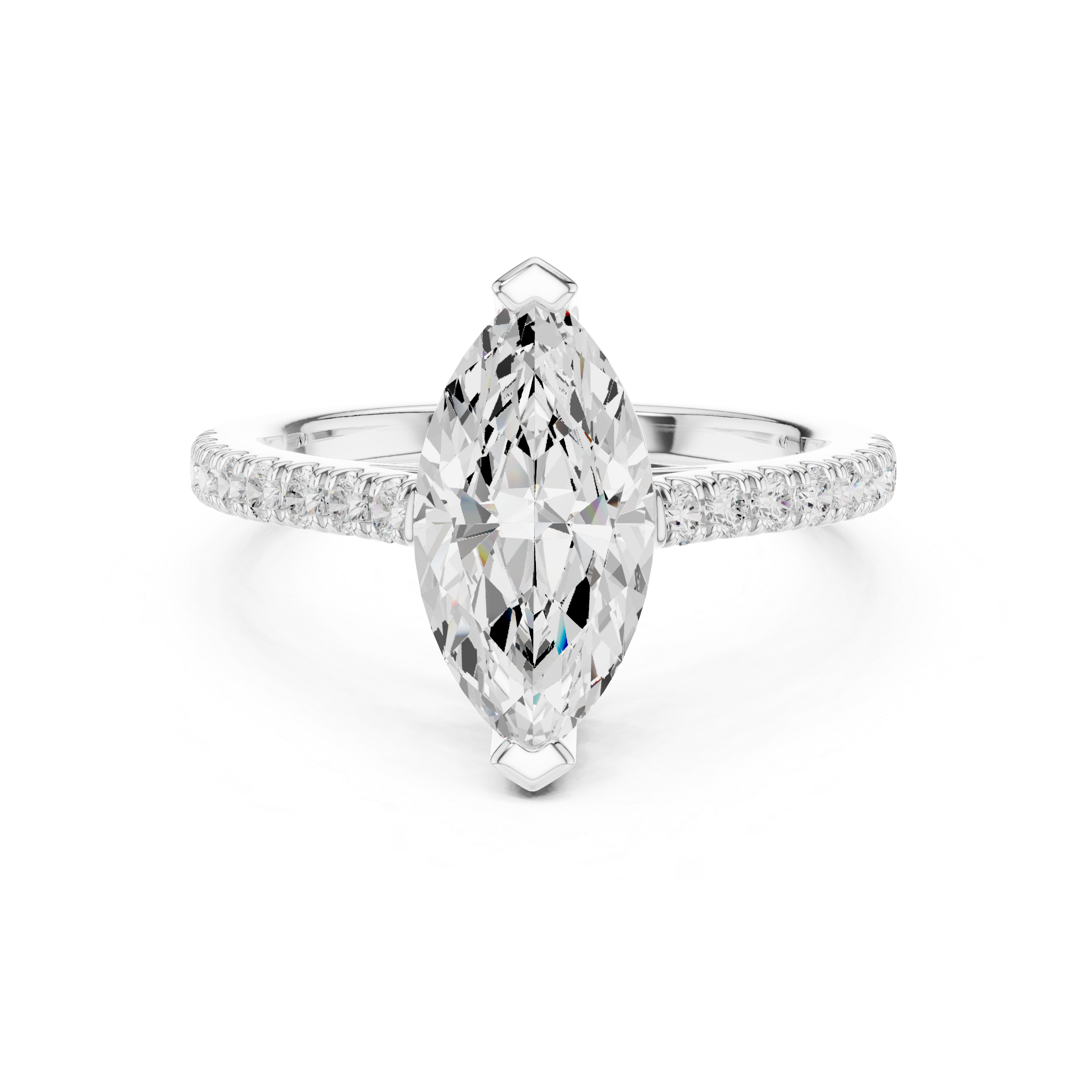 Diamond ring with a pear-shaped center stone on a white background