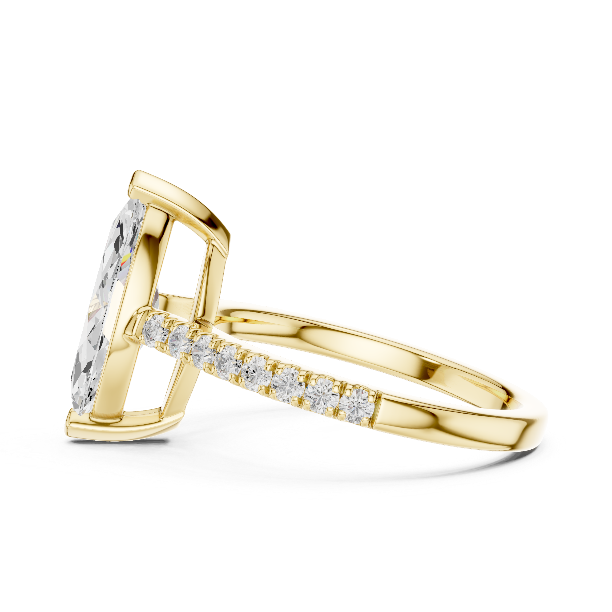 Gold ring with diamond accents on a white background