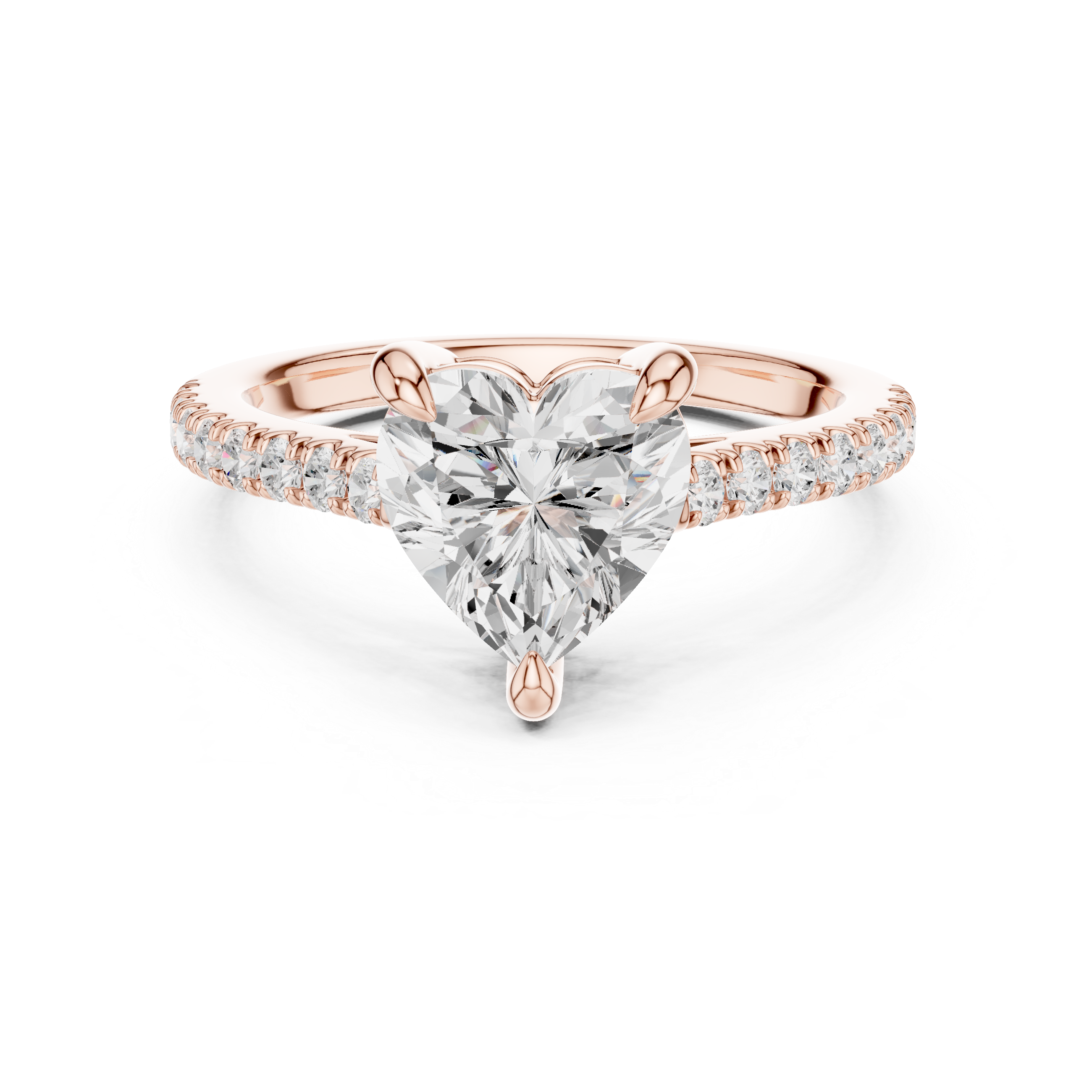 Rose gold ring with a heart-shaped diamond on a white background