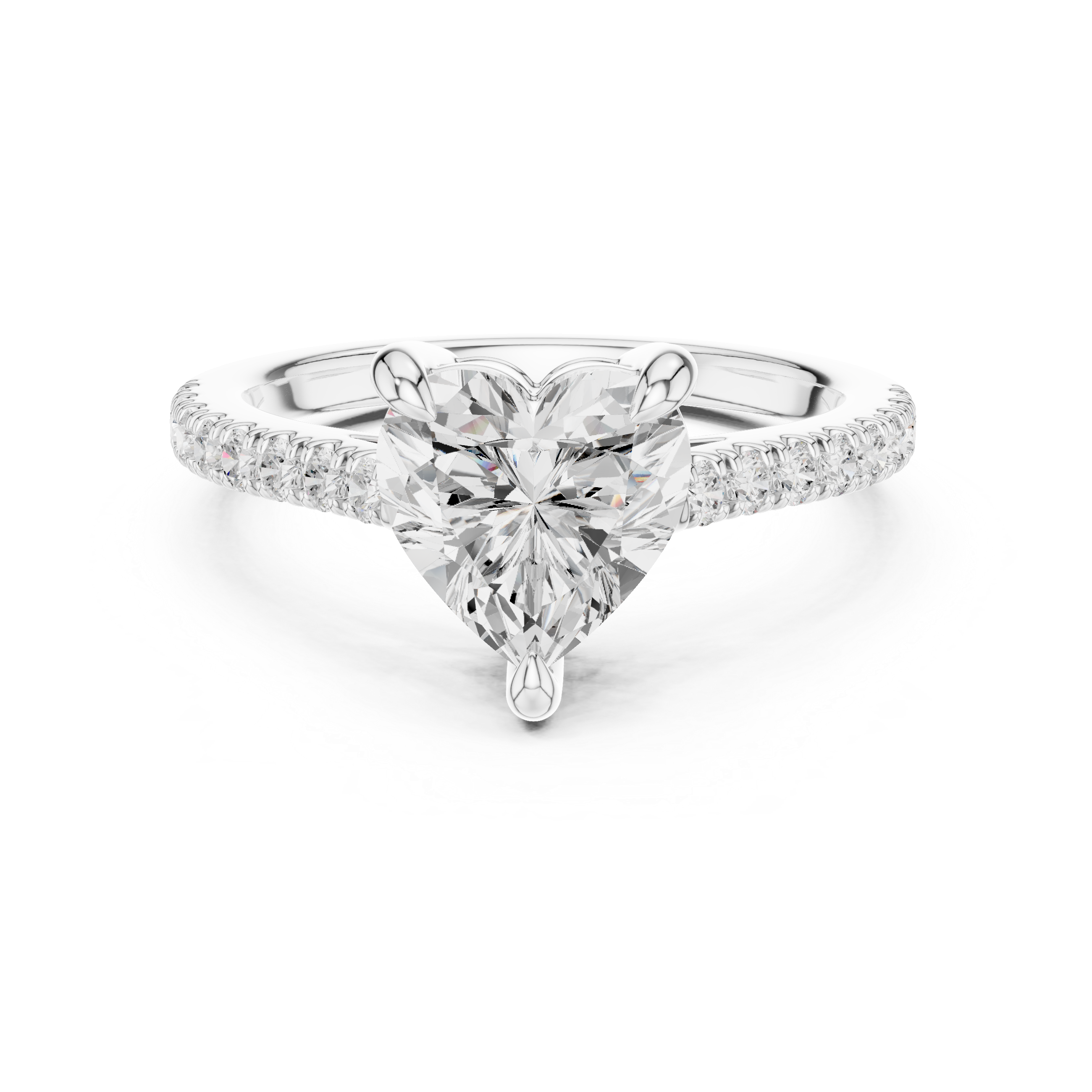 Diamond ring with a heart-shaped center stone on a white background