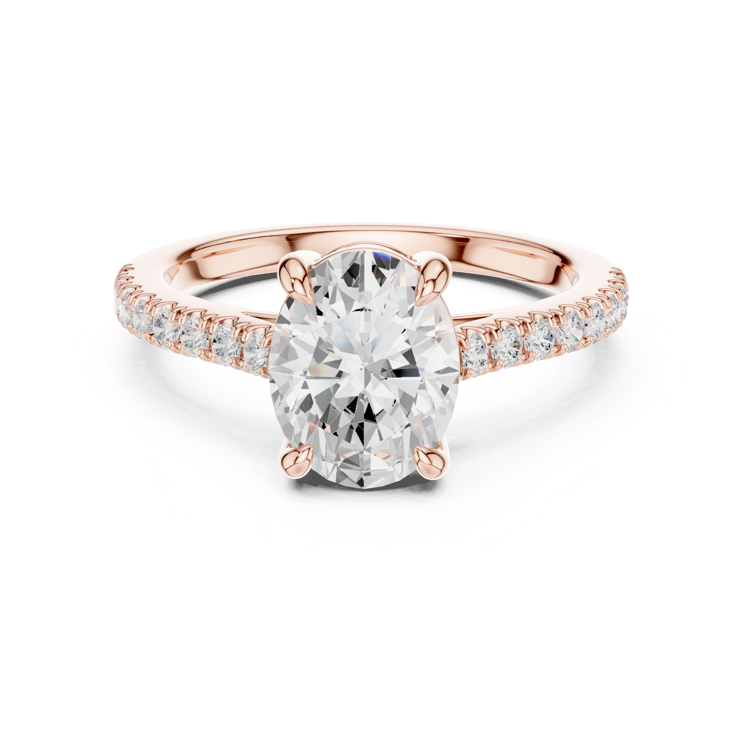 Rose gold ring with a large diamond and smaller diamonds on the band against a white background