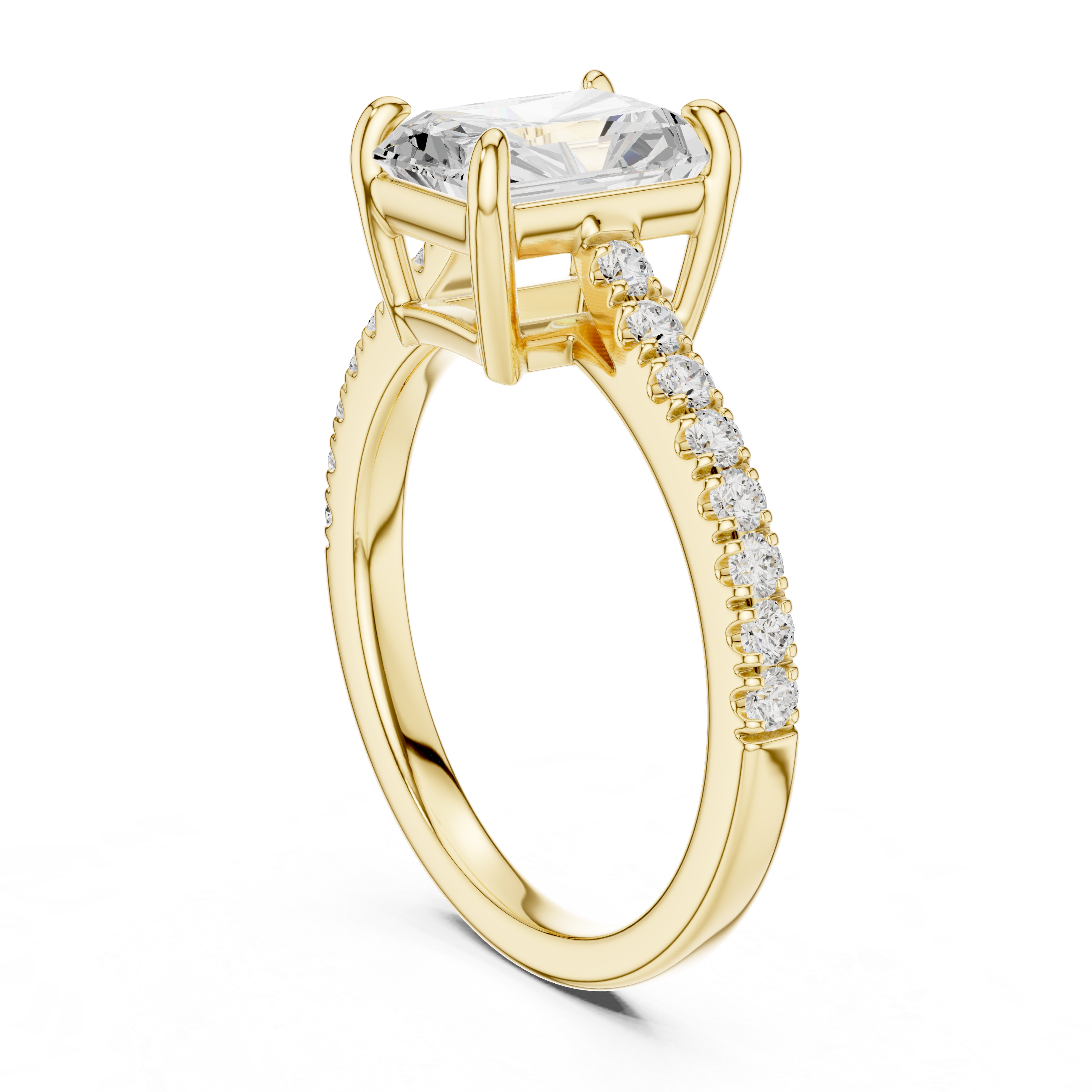 Gold ring with a large diamond and smaller diamonds on the band against a white background