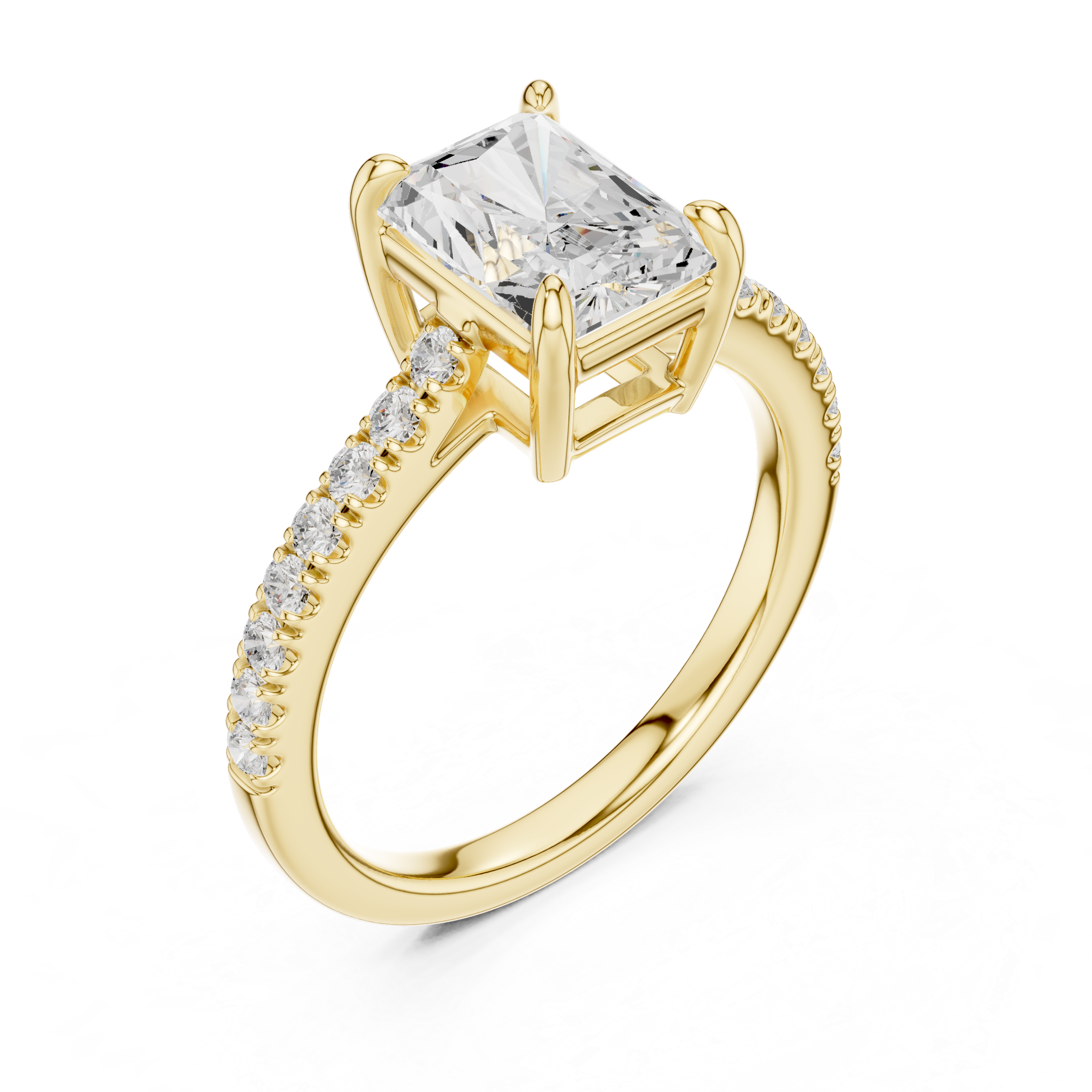 Gold ring with a large diamond and smaller diamonds on the band against a white background
