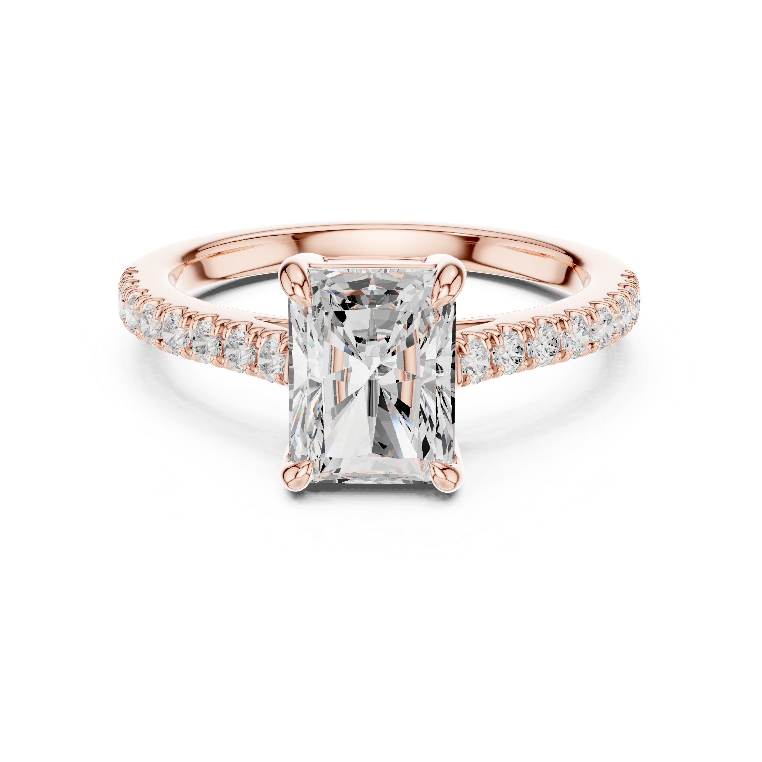 Rose gold ring with a large diamond and smaller diamonds on the band against a white background