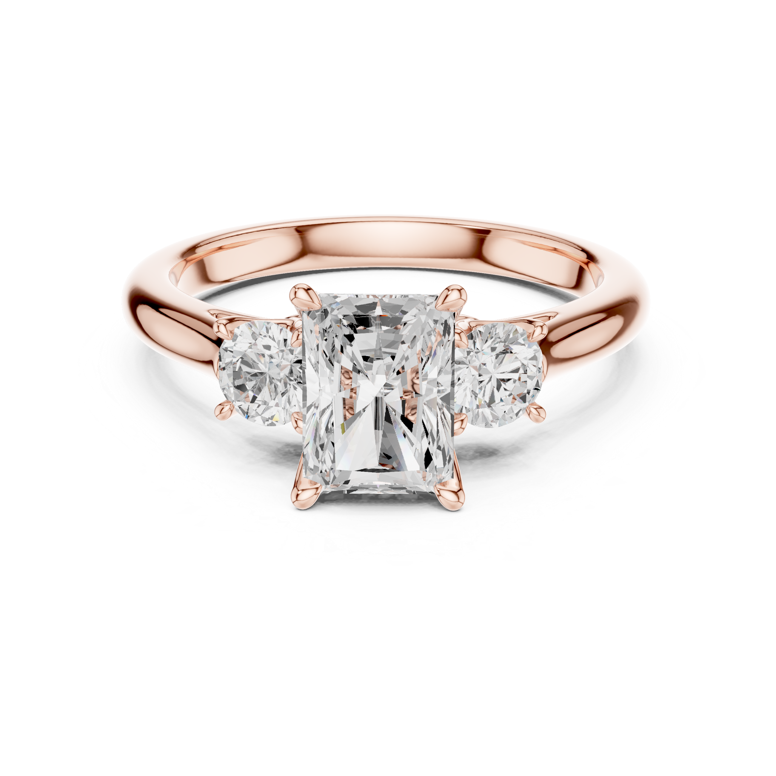 Rose gold ring with a large diamond and smaller side stones on a white background