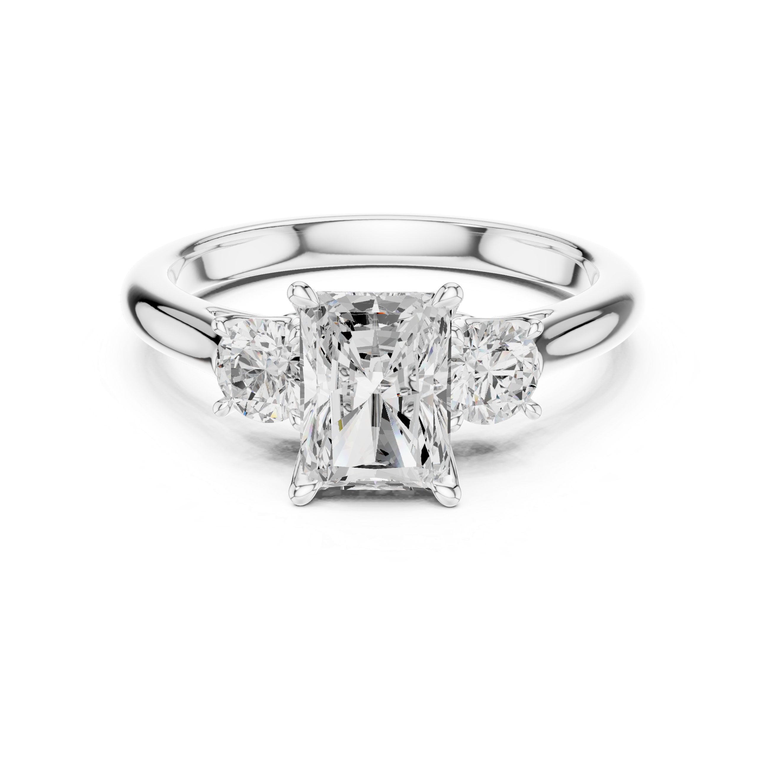 Diamond ring with a central princess-cut diamond and two smaller diamonds on a white background