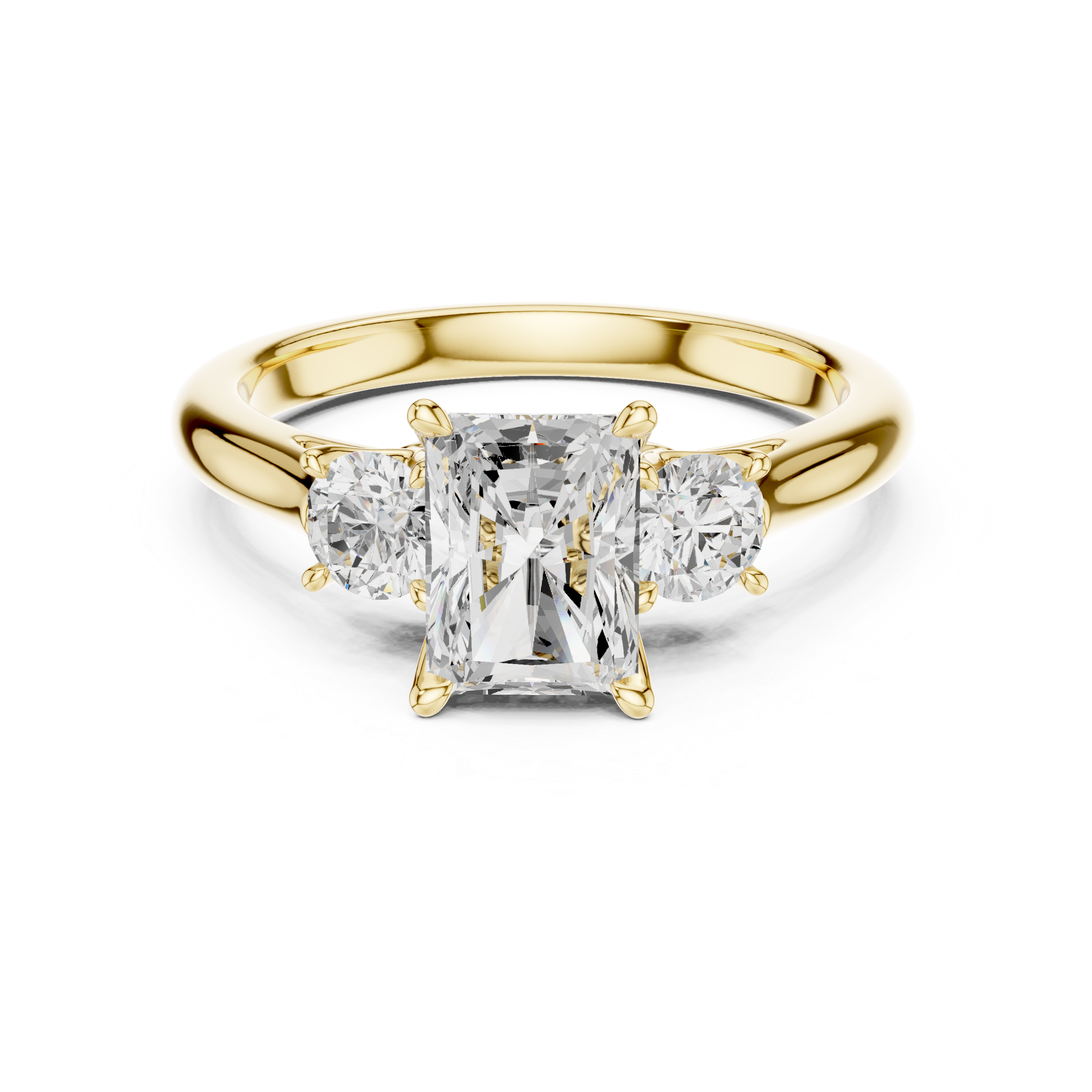 Gold ring with a large diamond and smaller side stones on a white background