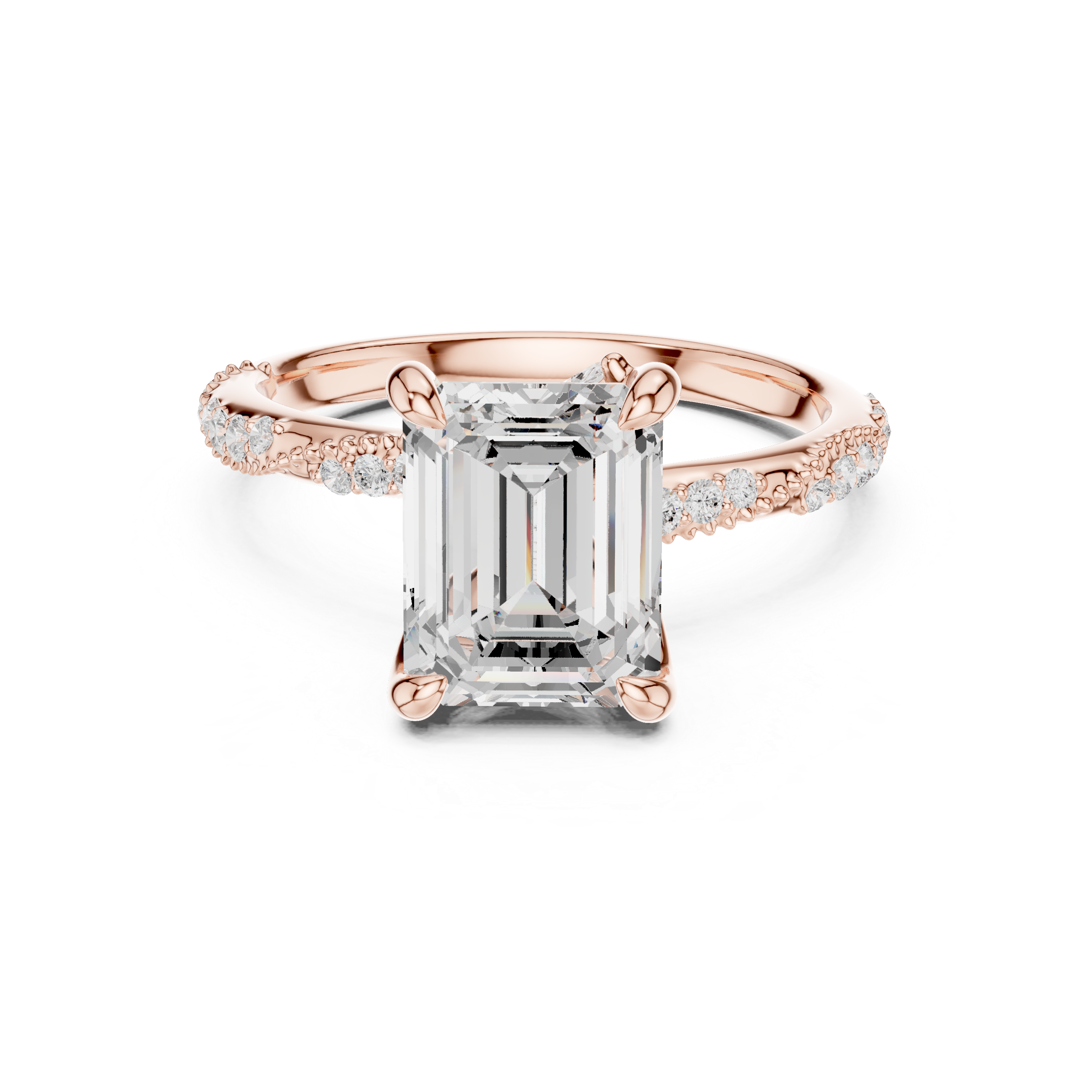 Rose gold ring with a large diamond and smaller diamonds on the band against a white background