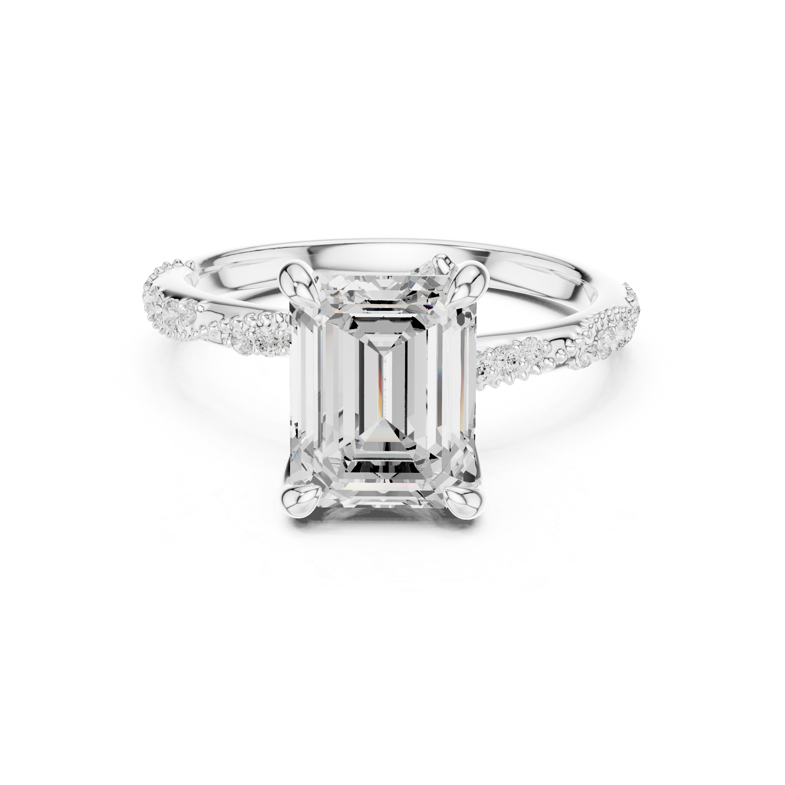 Diamond ring with a large central gemstone and smaller stones on the band against a white background