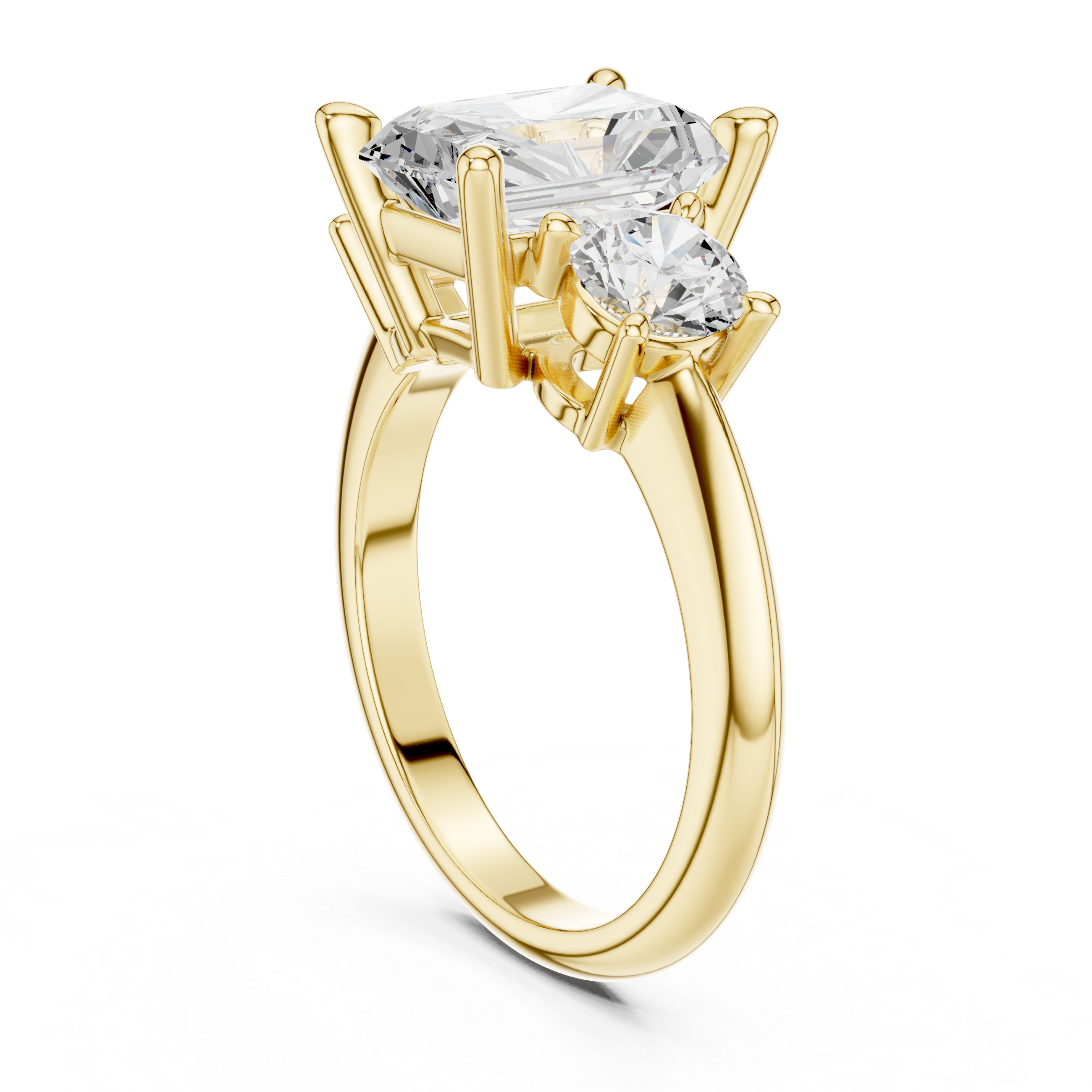 Gold ring with three diamonds on a white background