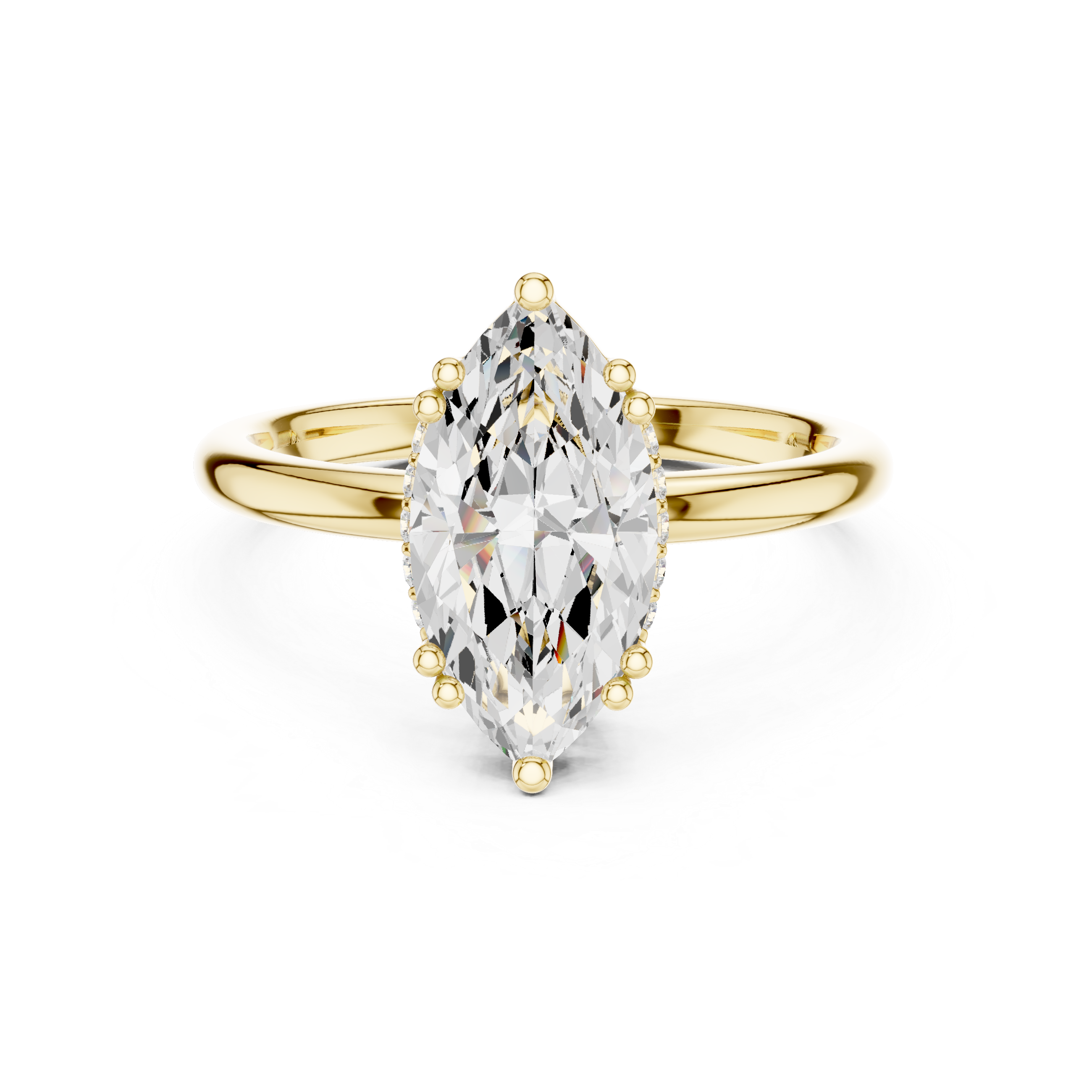 Gold ring with a large marquise-shaped diamond on a white background