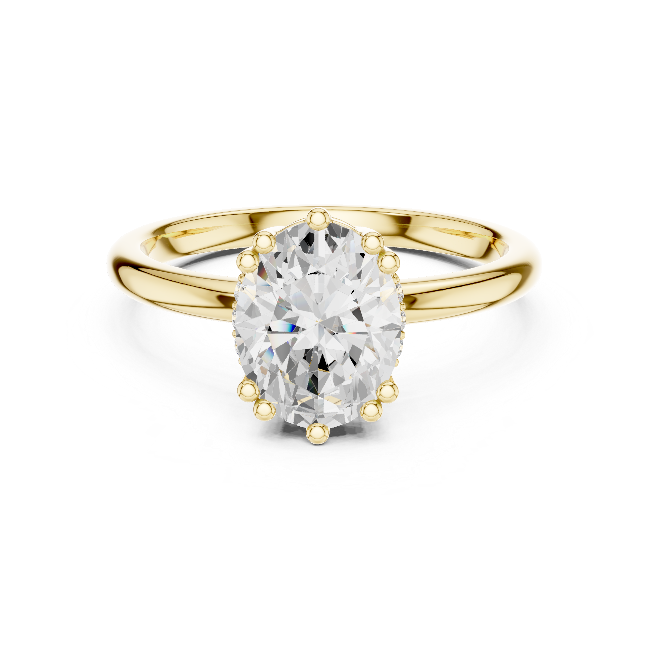 Gold ring with a large diamond on a white background