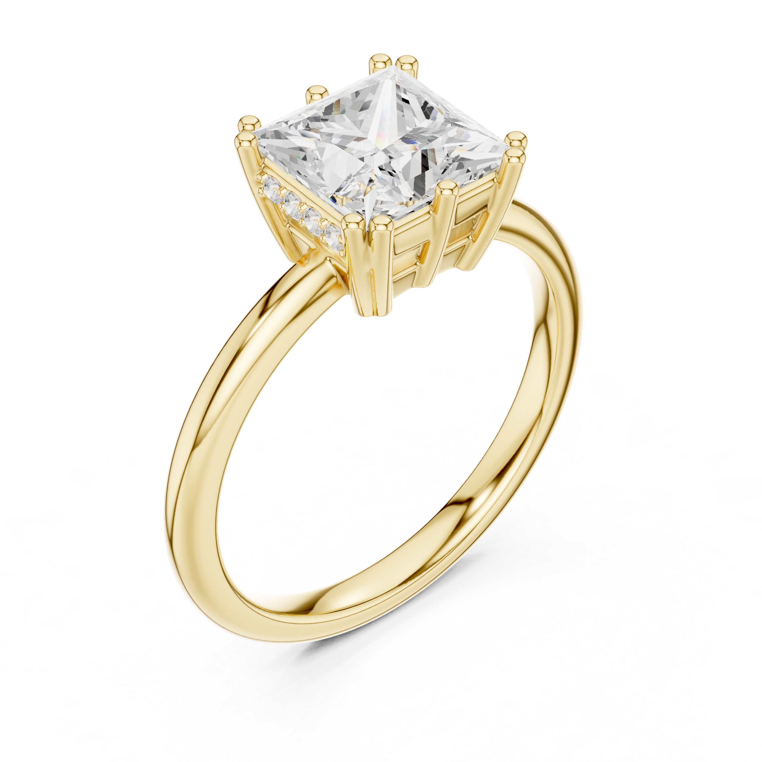 Gold ring with a large diamond on a white background