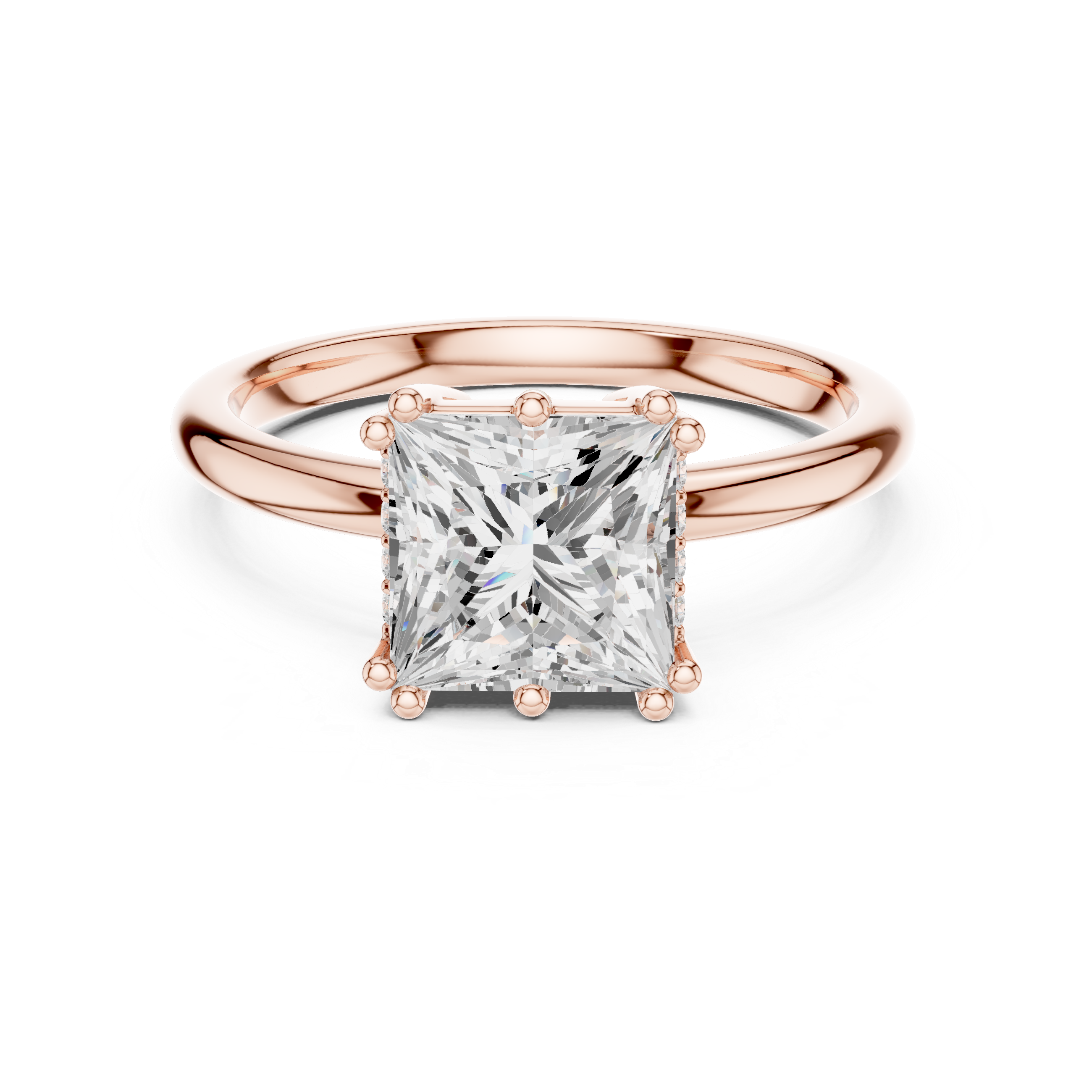 Rose gold ring with a large diamond on a white background