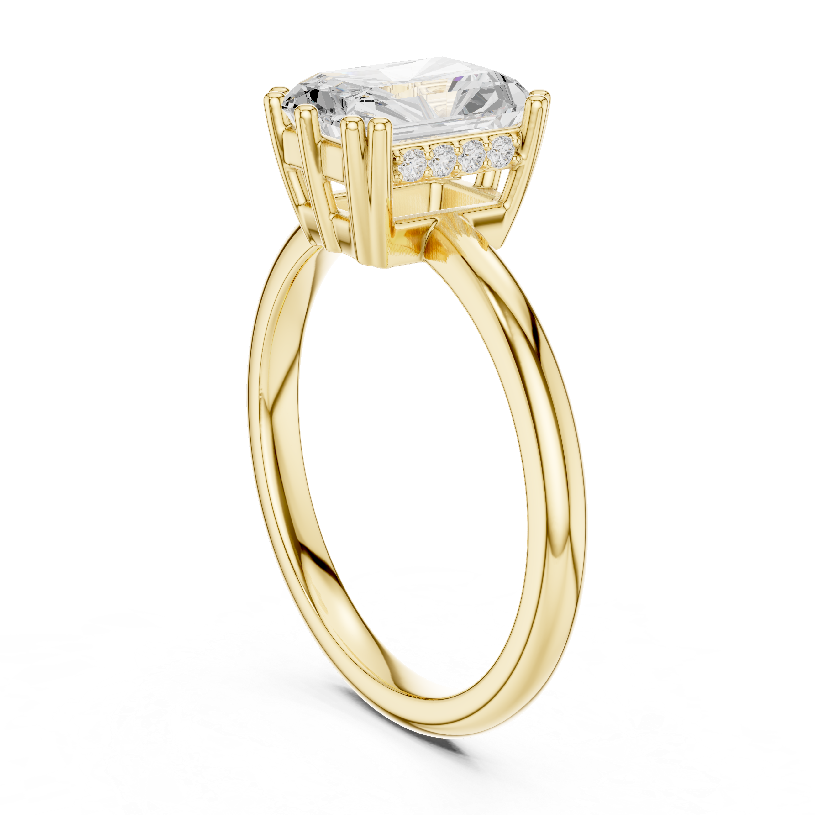 Gold ring with a large diamond and smaller diamonds on the band against a white background