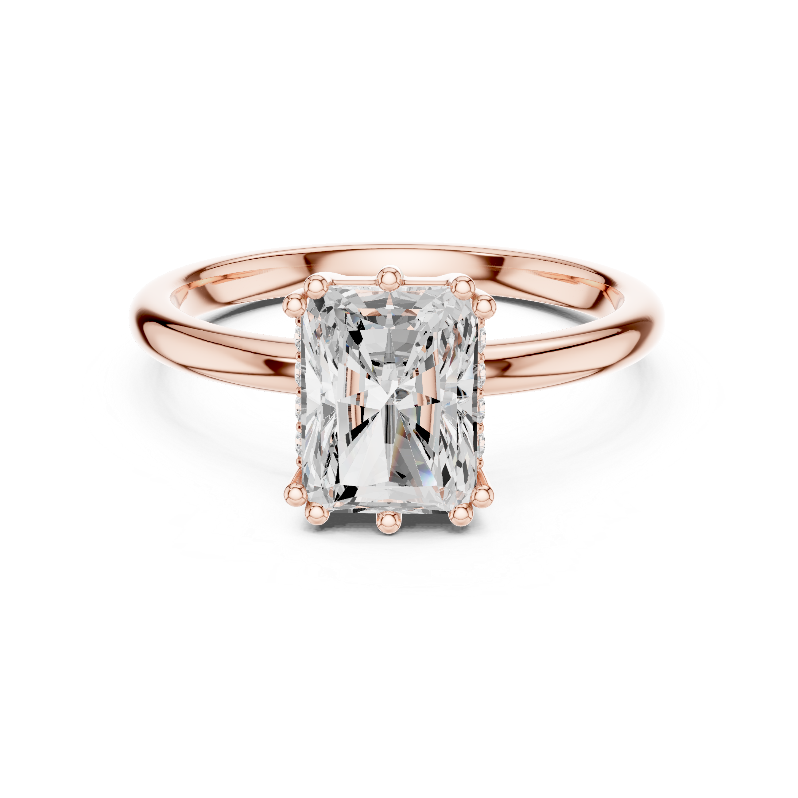 Rose gold ring with a large diamond on a white background