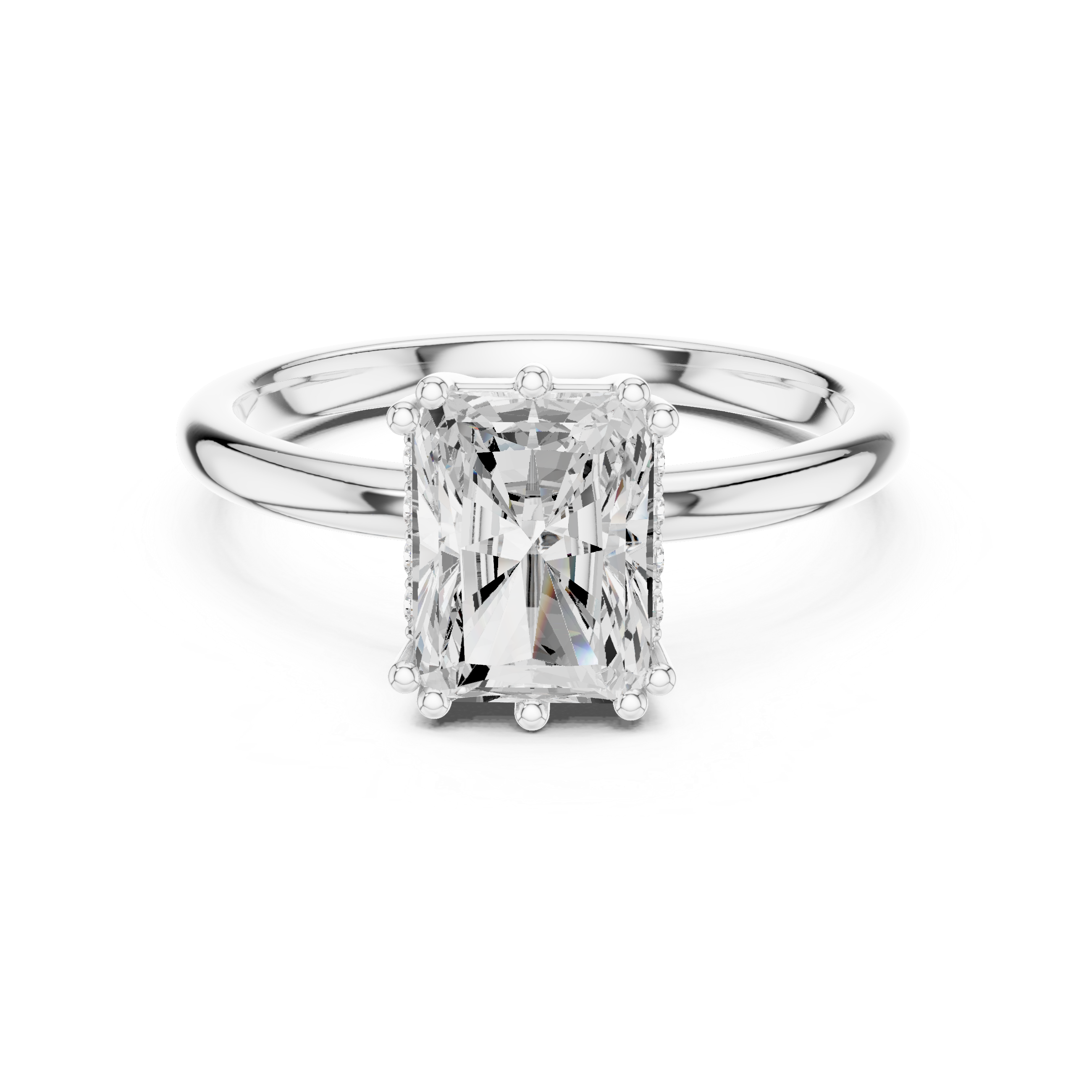 Diamond ring with emerald-cut gemstone on a white background