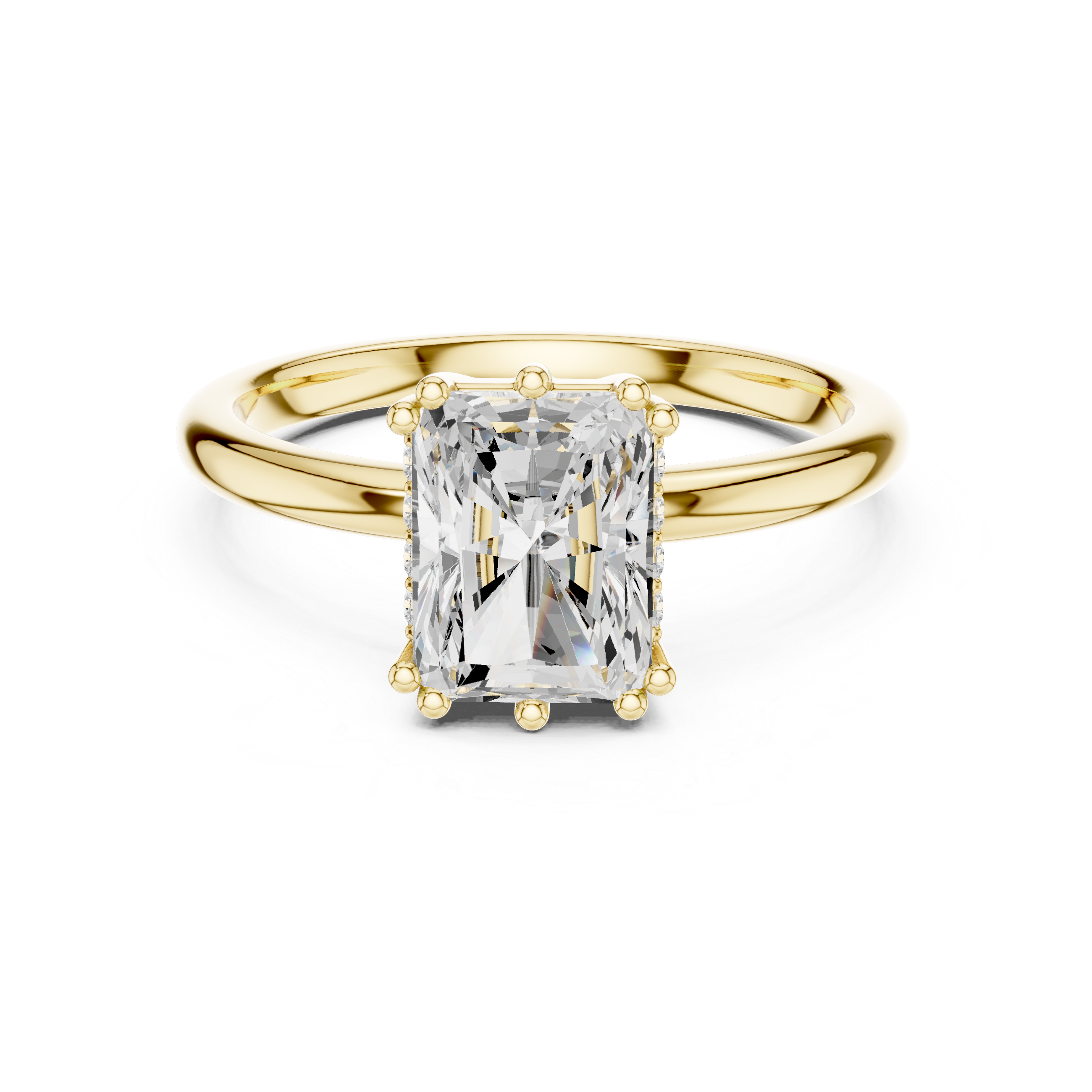 Gold ring with a large diamond on a white background