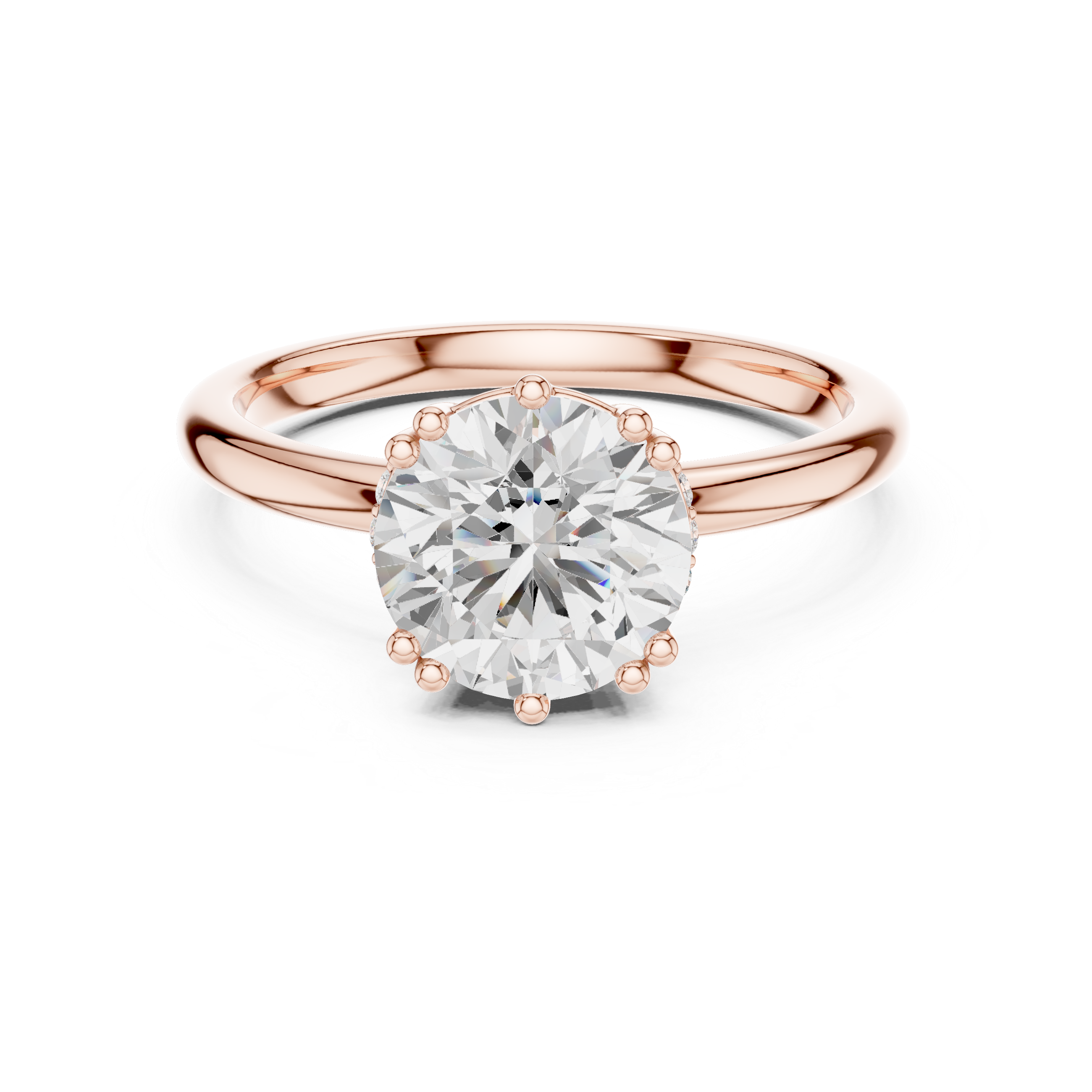 Rose gold ring with a large diamond on a white background