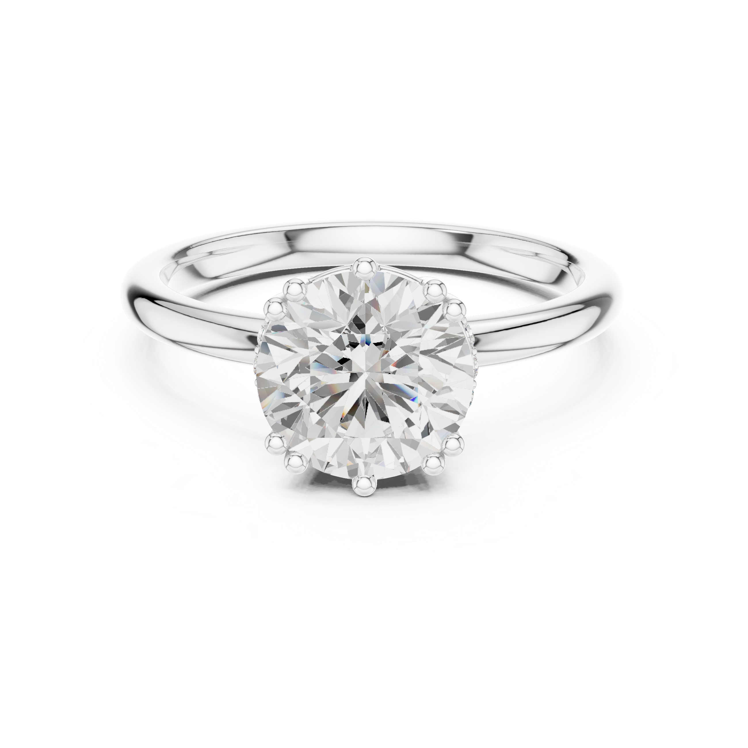 Silver ring with a large diamond on a white background