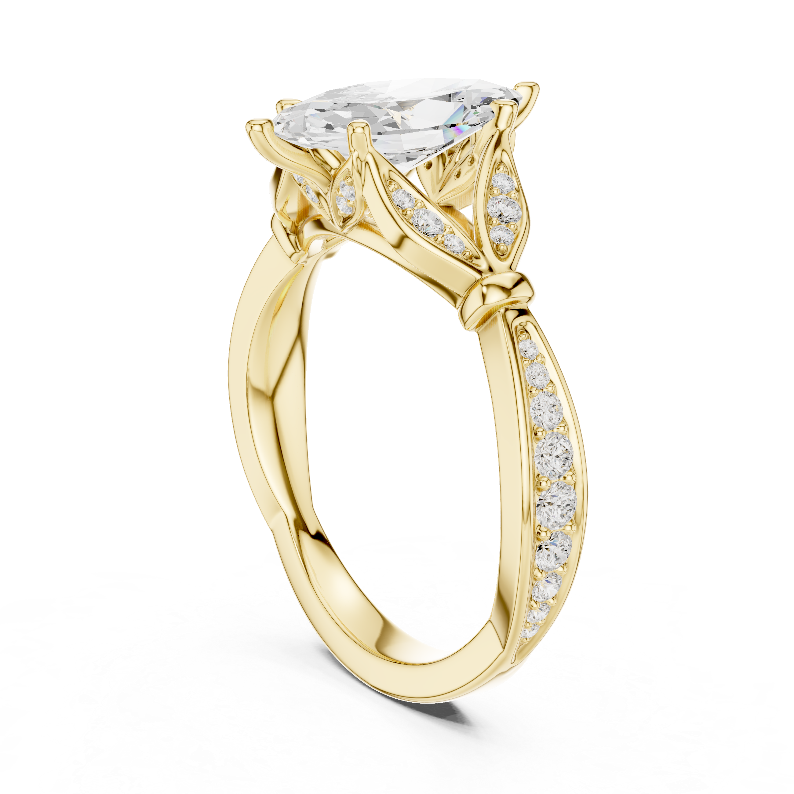Gold ring with a large diamond and smaller diamonds on the band against a white background