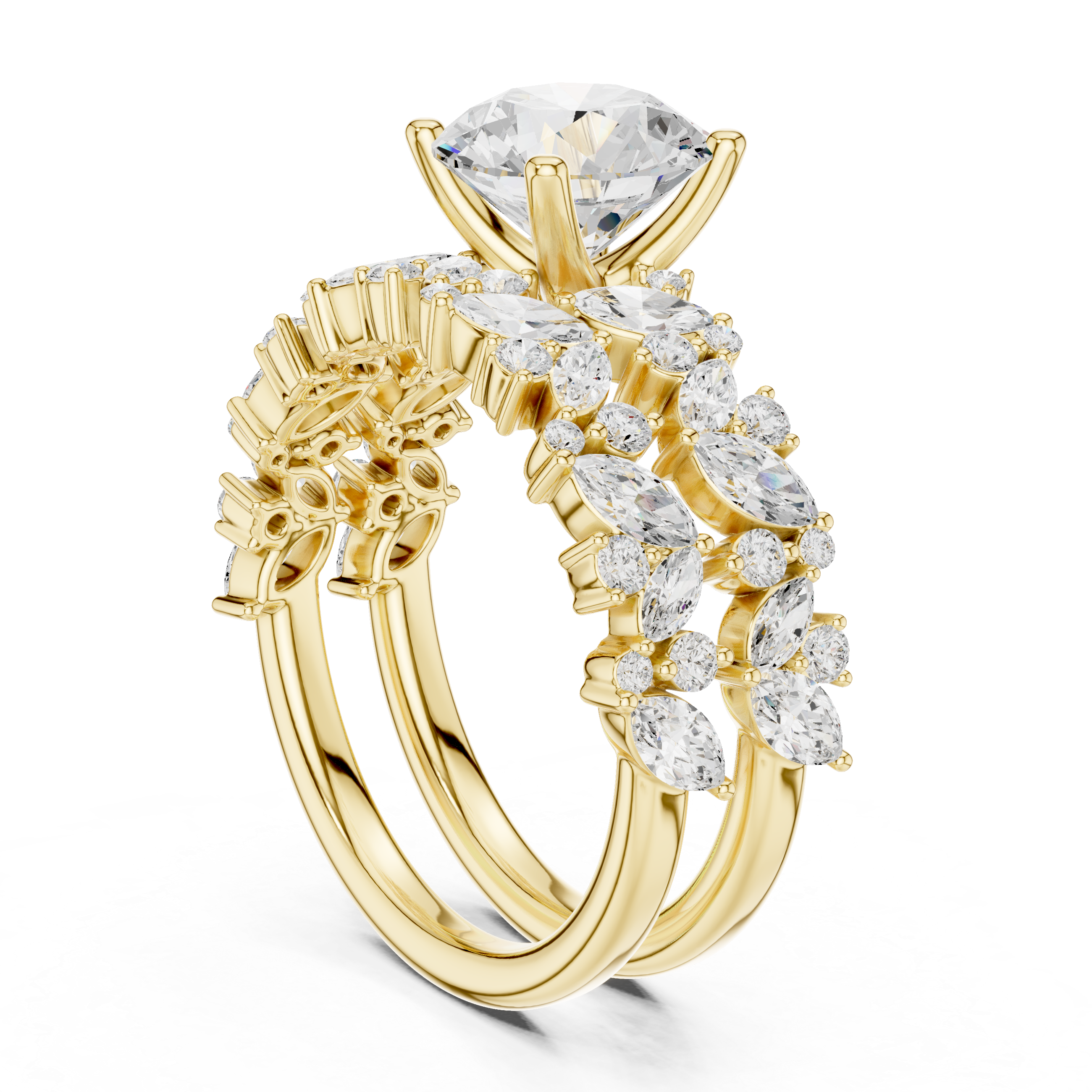 Gold ring with diamonds on a white background