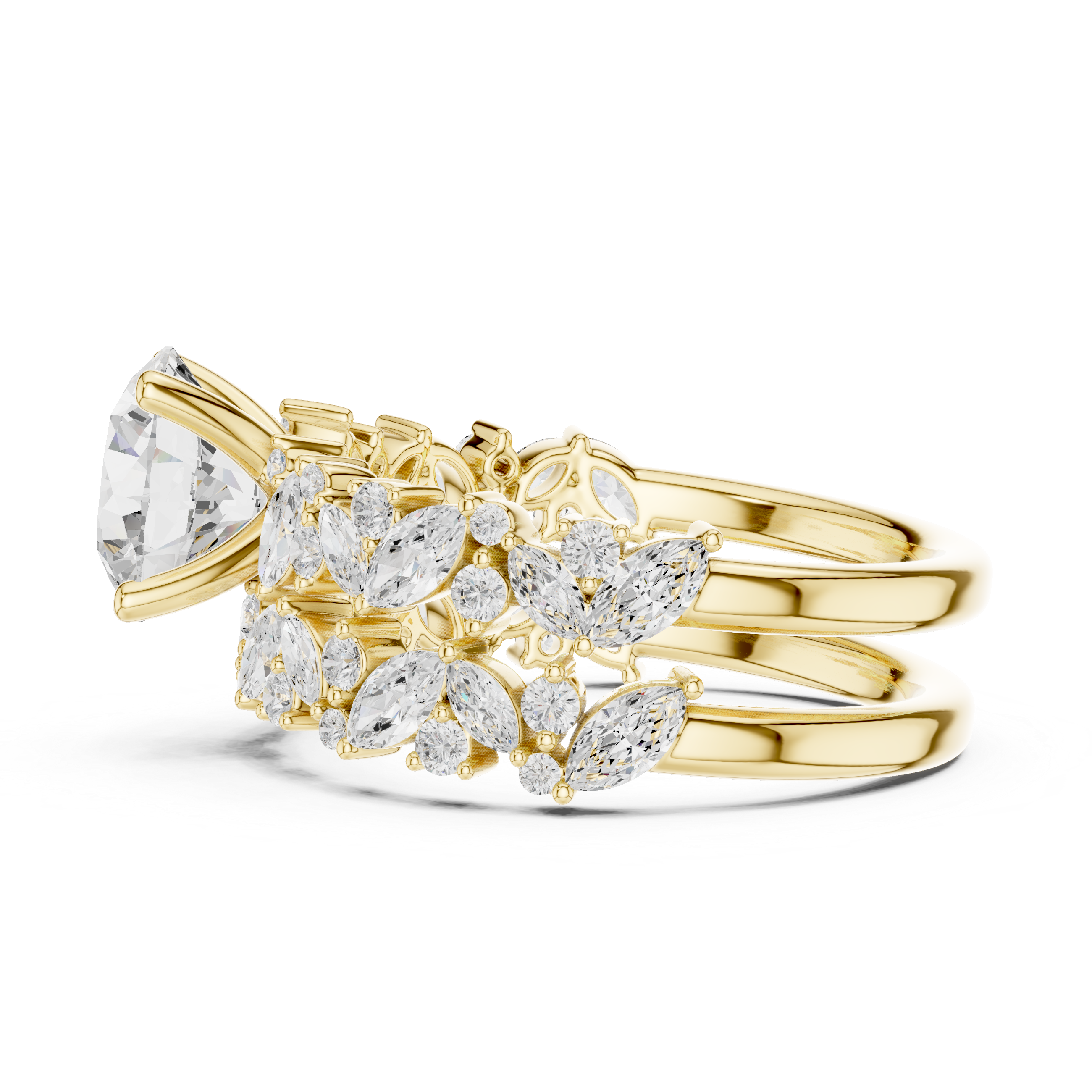 Gold ring with diamond accents on a white background