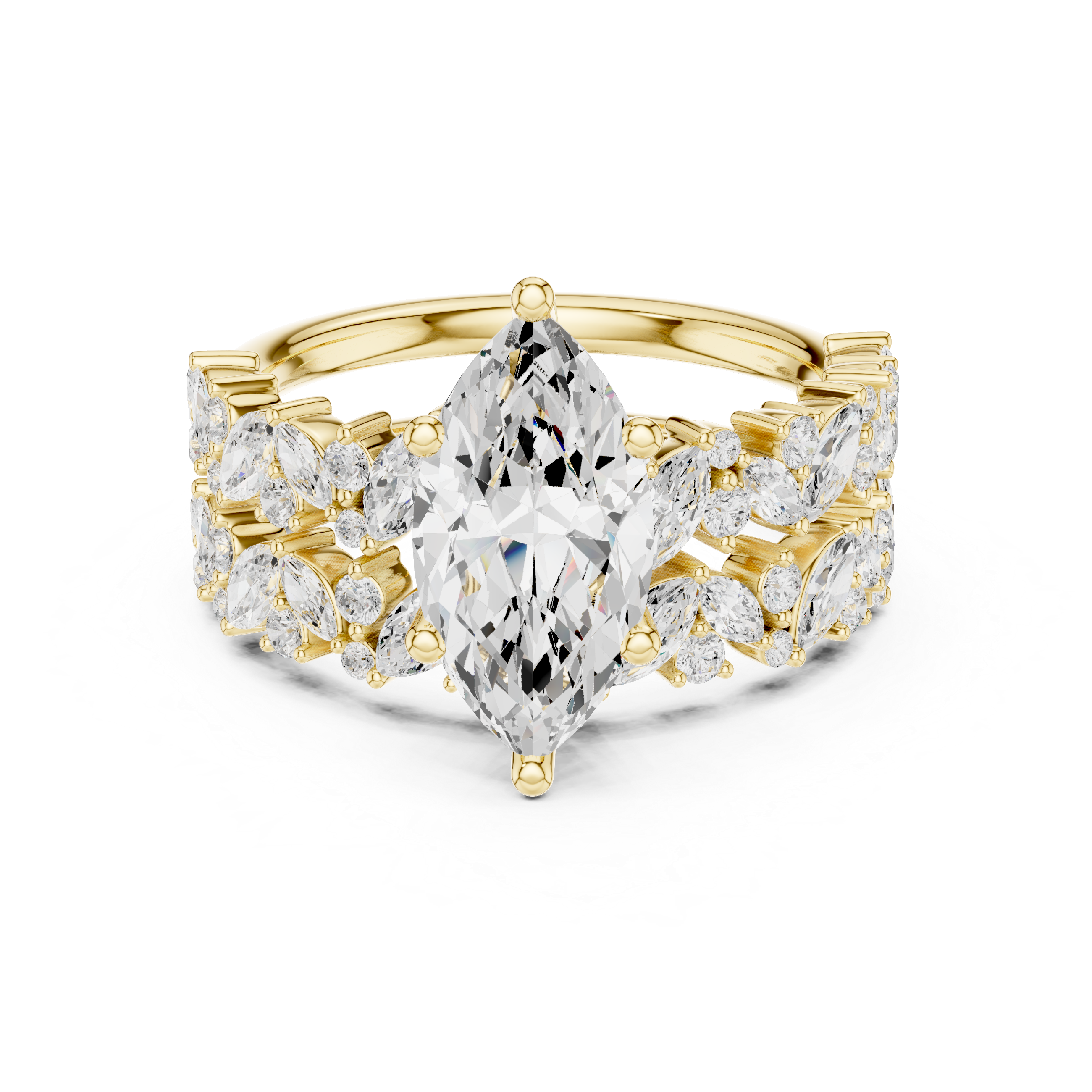 Gold ring with a large diamond and smaller diamonds on a white background