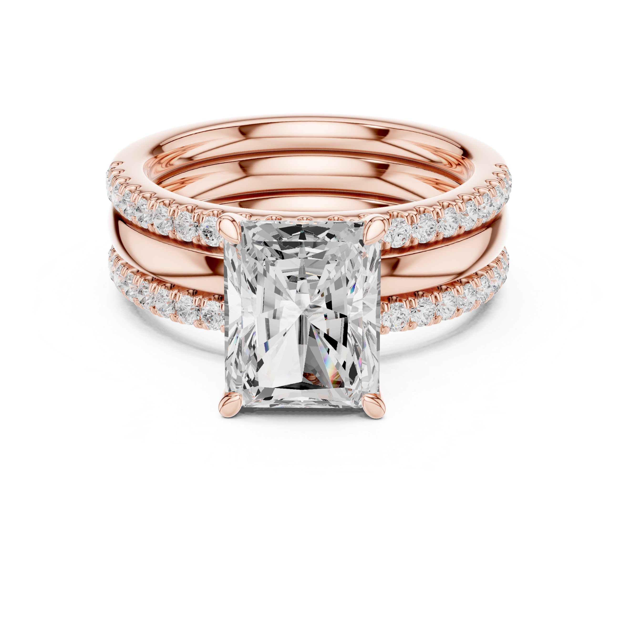 Rose gold ring with a large diamond and smaller diamonds on a white background