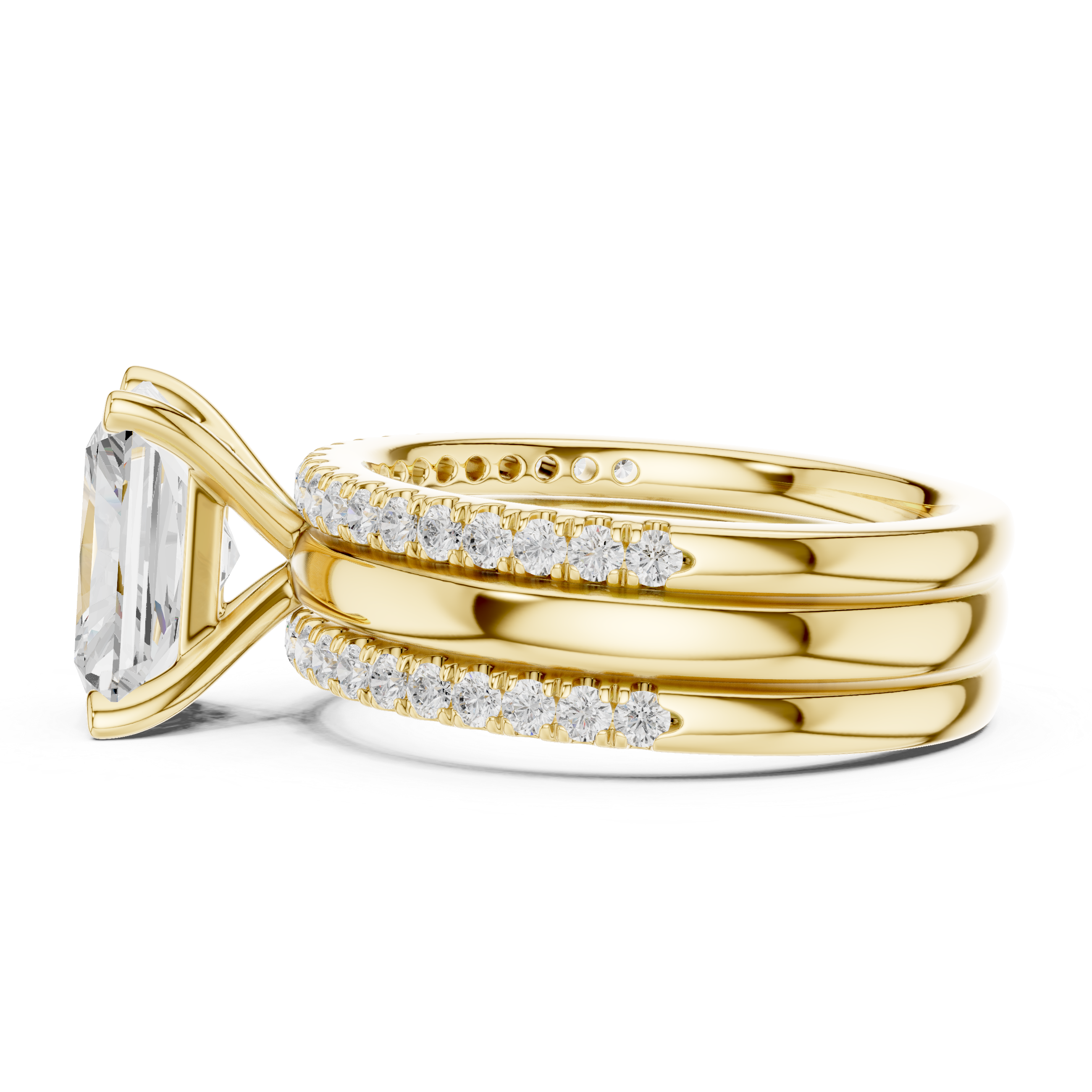 Gold ring with diamond accents on a white background