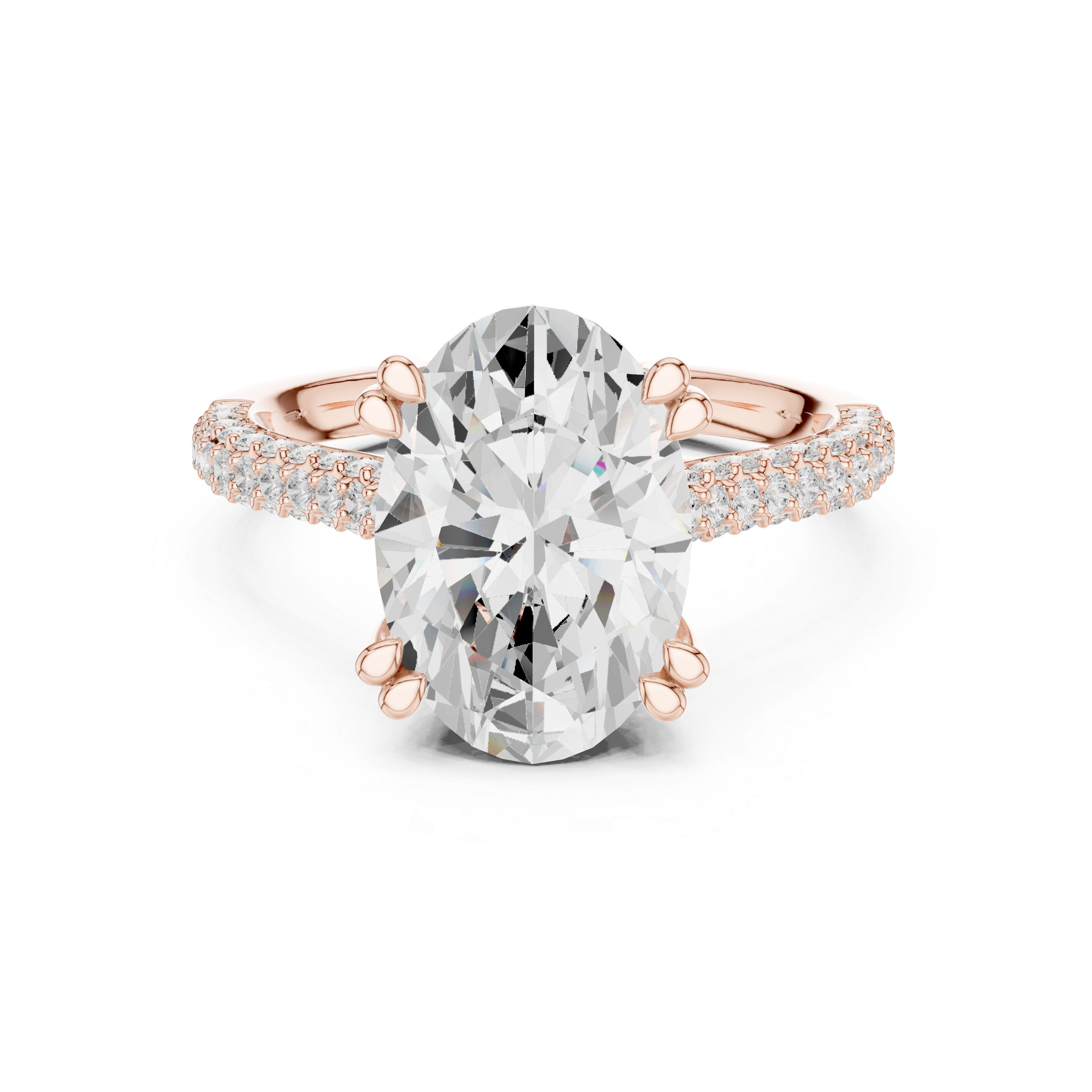 Rose gold ring with a large diamond and smaller diamonds on the band against a white background