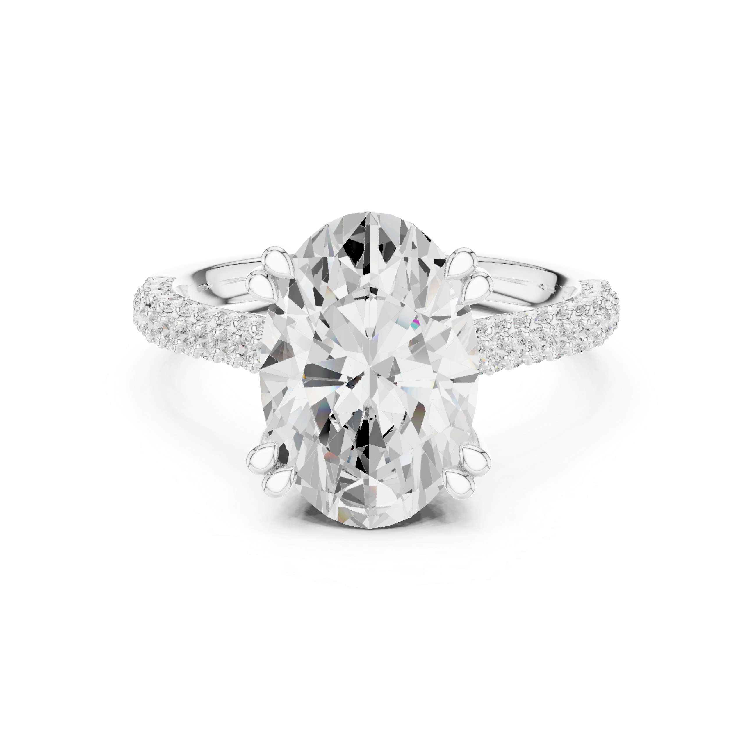 Diamond ring with a large central gemstone and smaller stones on a white background