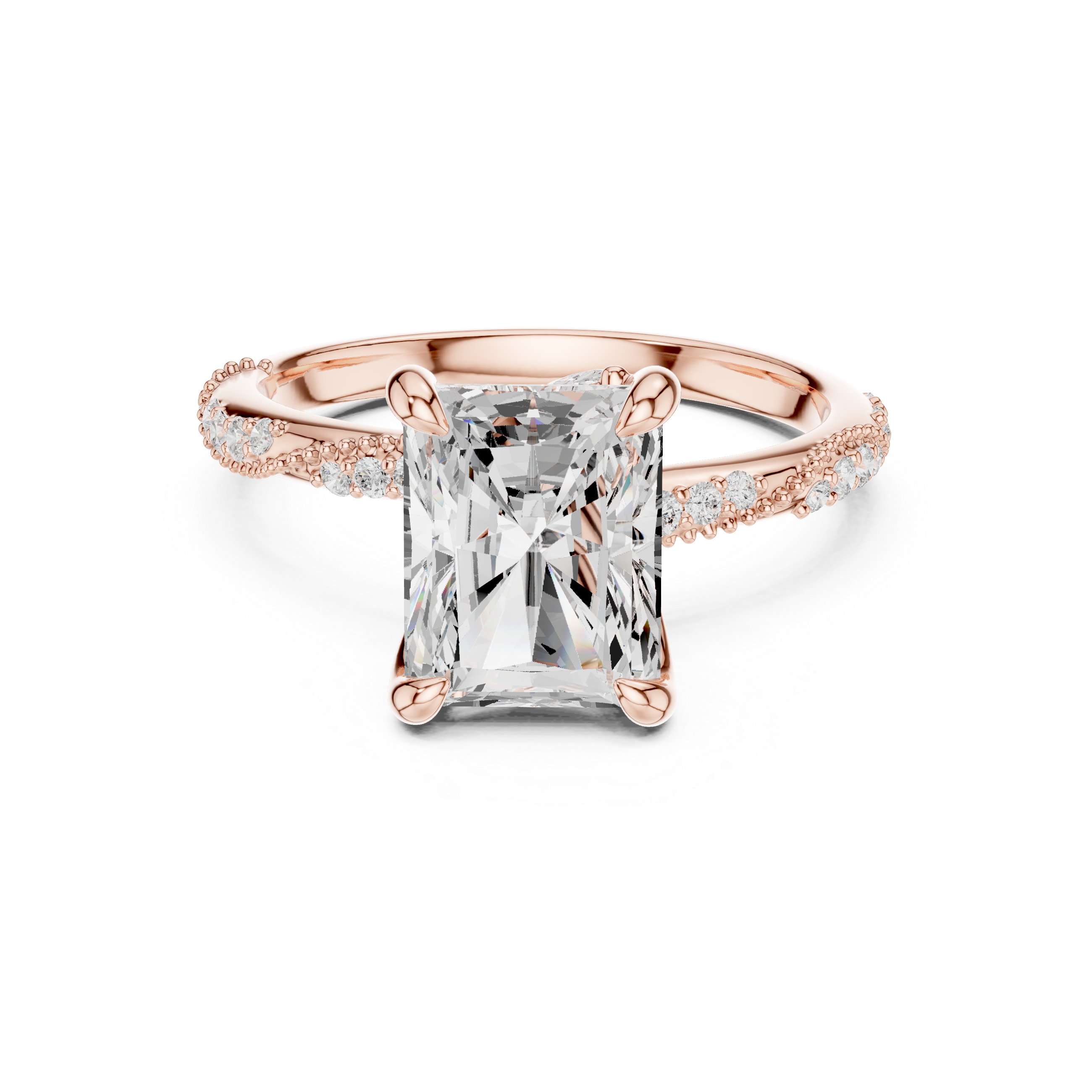 Rose gold ring with a large diamond and smaller diamonds on the band against a white background