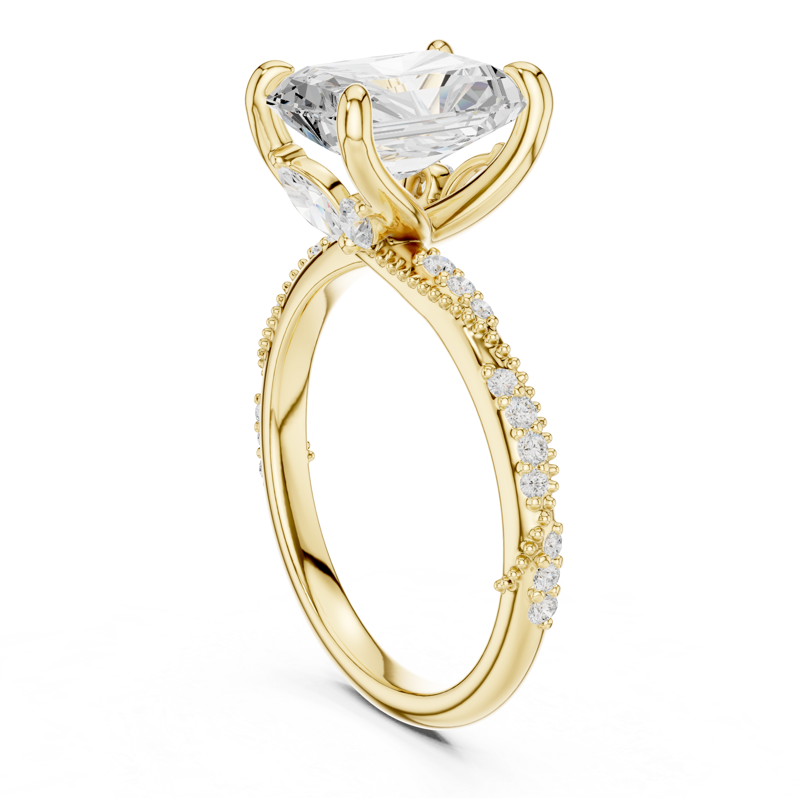 Gold ring with a large diamond and smaller diamonds on the band against a white background