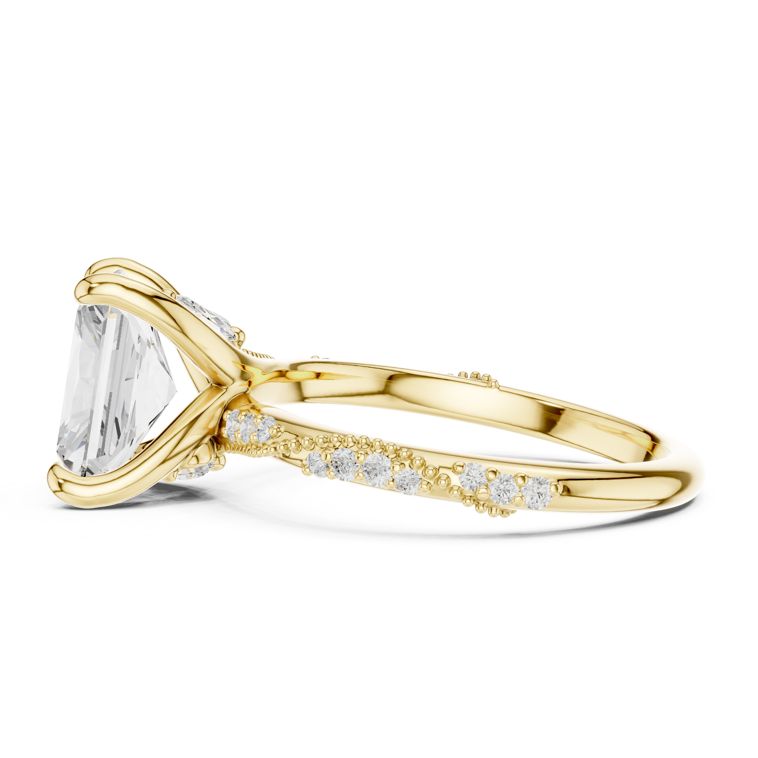 Gold ring with a large diamond and smaller diamonds on the band against a white background
