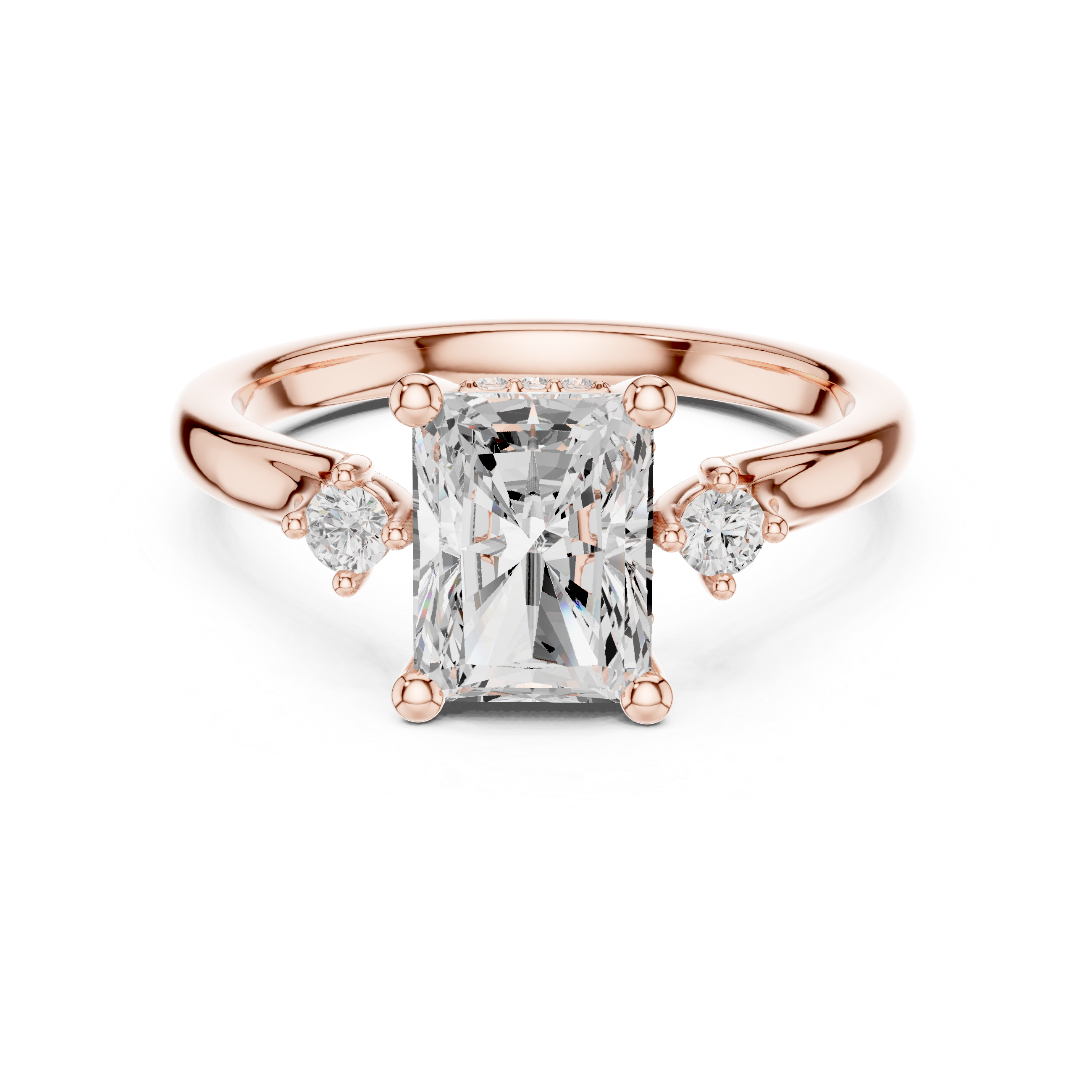 Rose gold ring with a large diamond and smaller diamonds on the sides against a white background