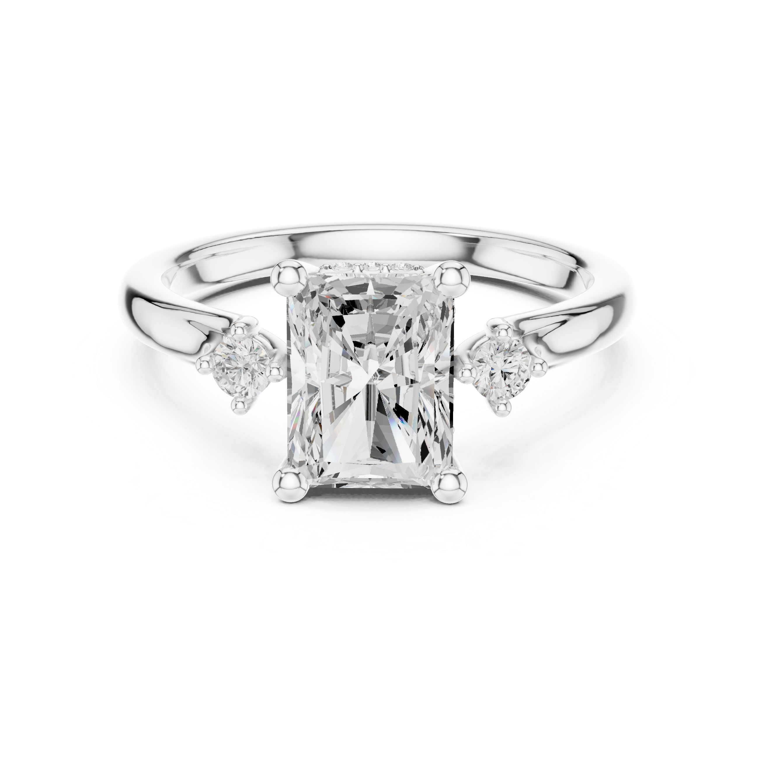 Diamond ring with a rectangular center stone on a white background