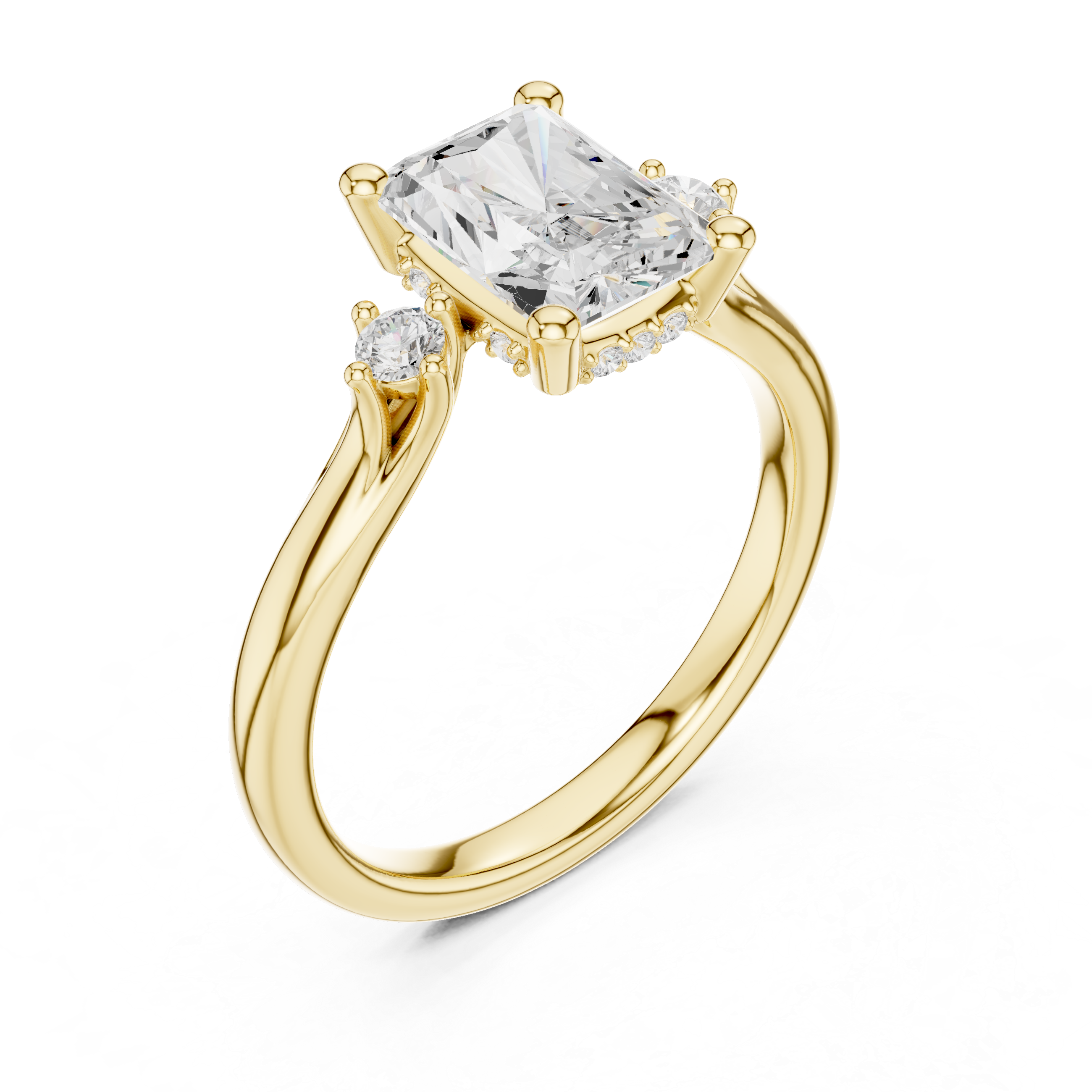 Gold ring with a large diamond and smaller diamonds on a white background