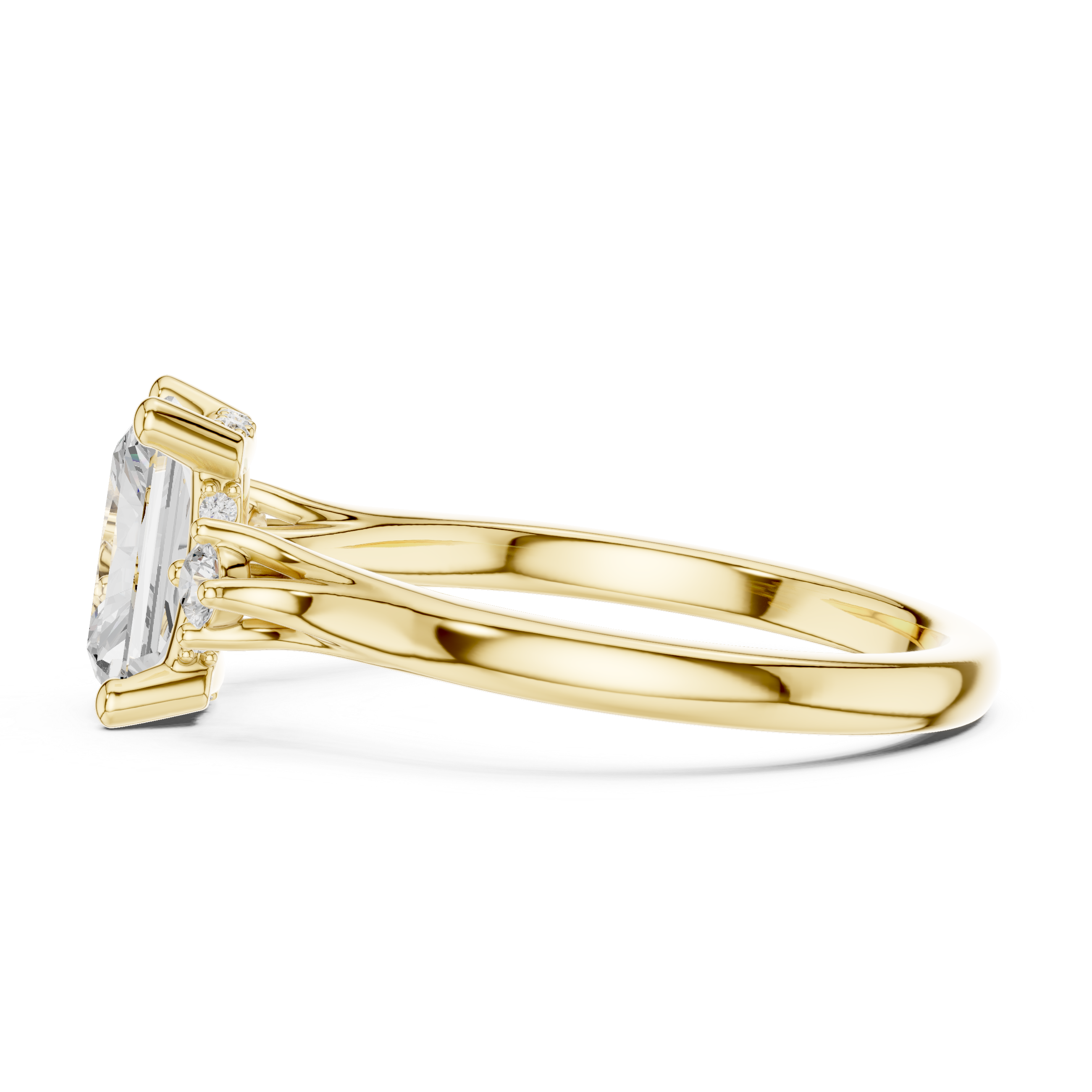 Gold ring with diamond accents on a white background