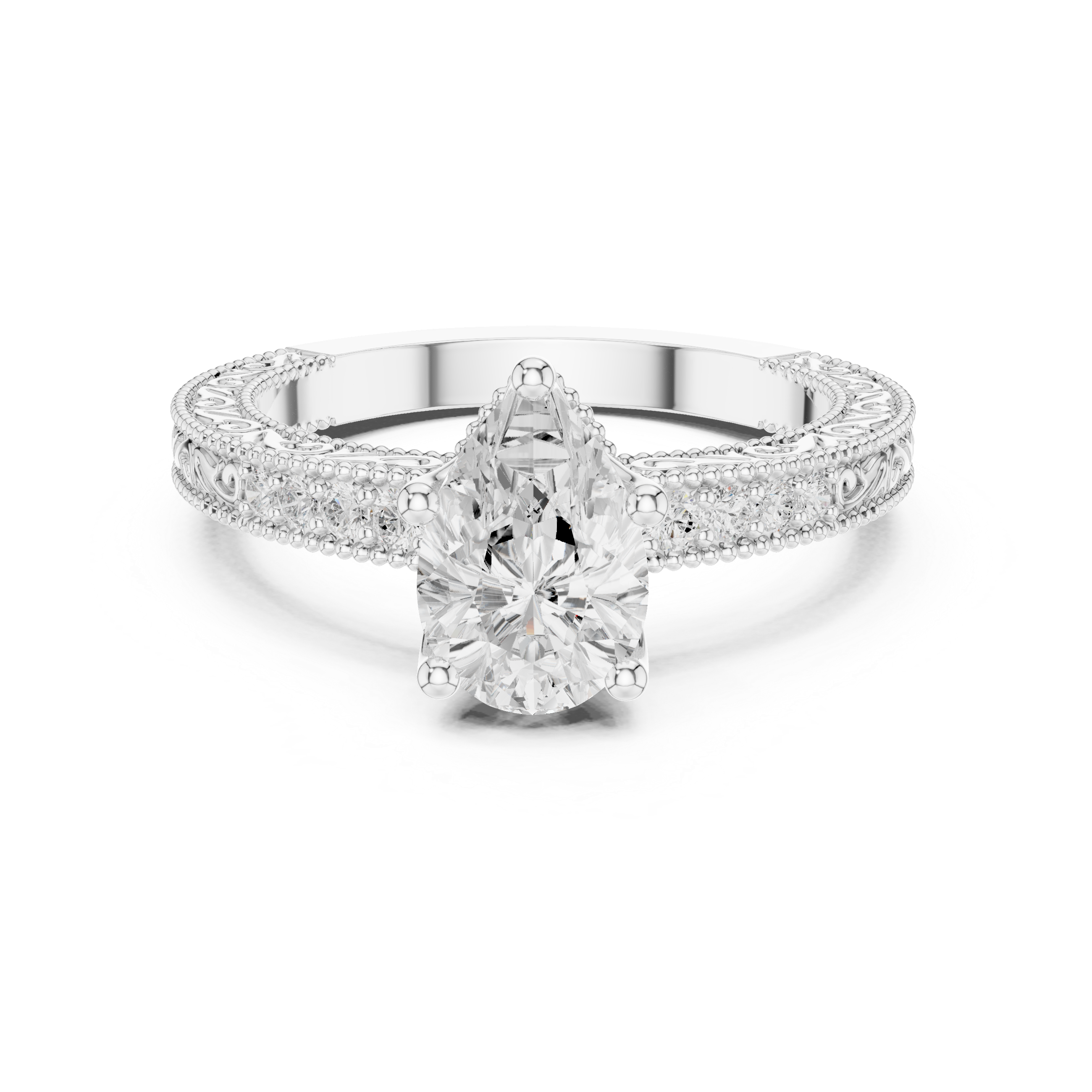 Diamond ring with a pear-shaped center stone on a white background