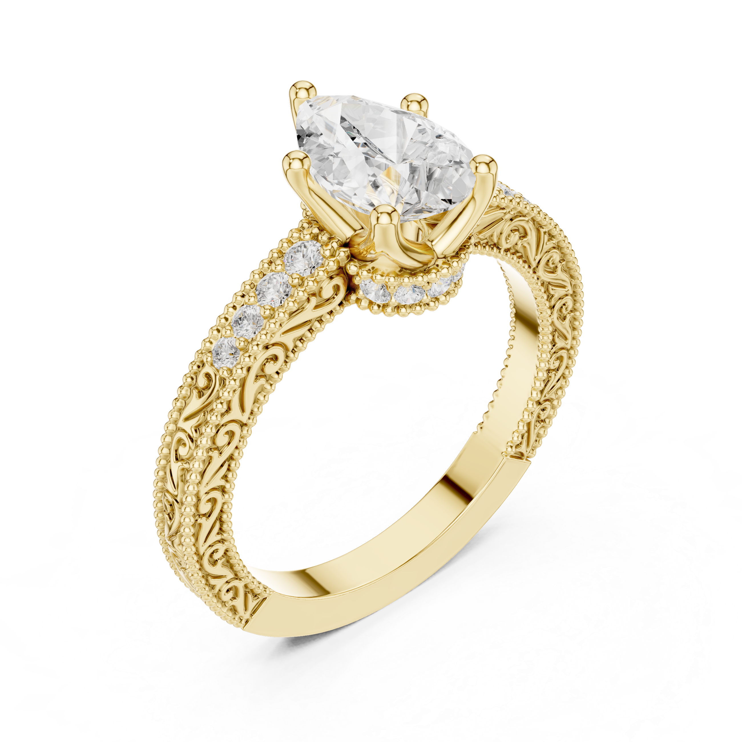 Gold ring with a large diamond and smaller diamonds on a white background