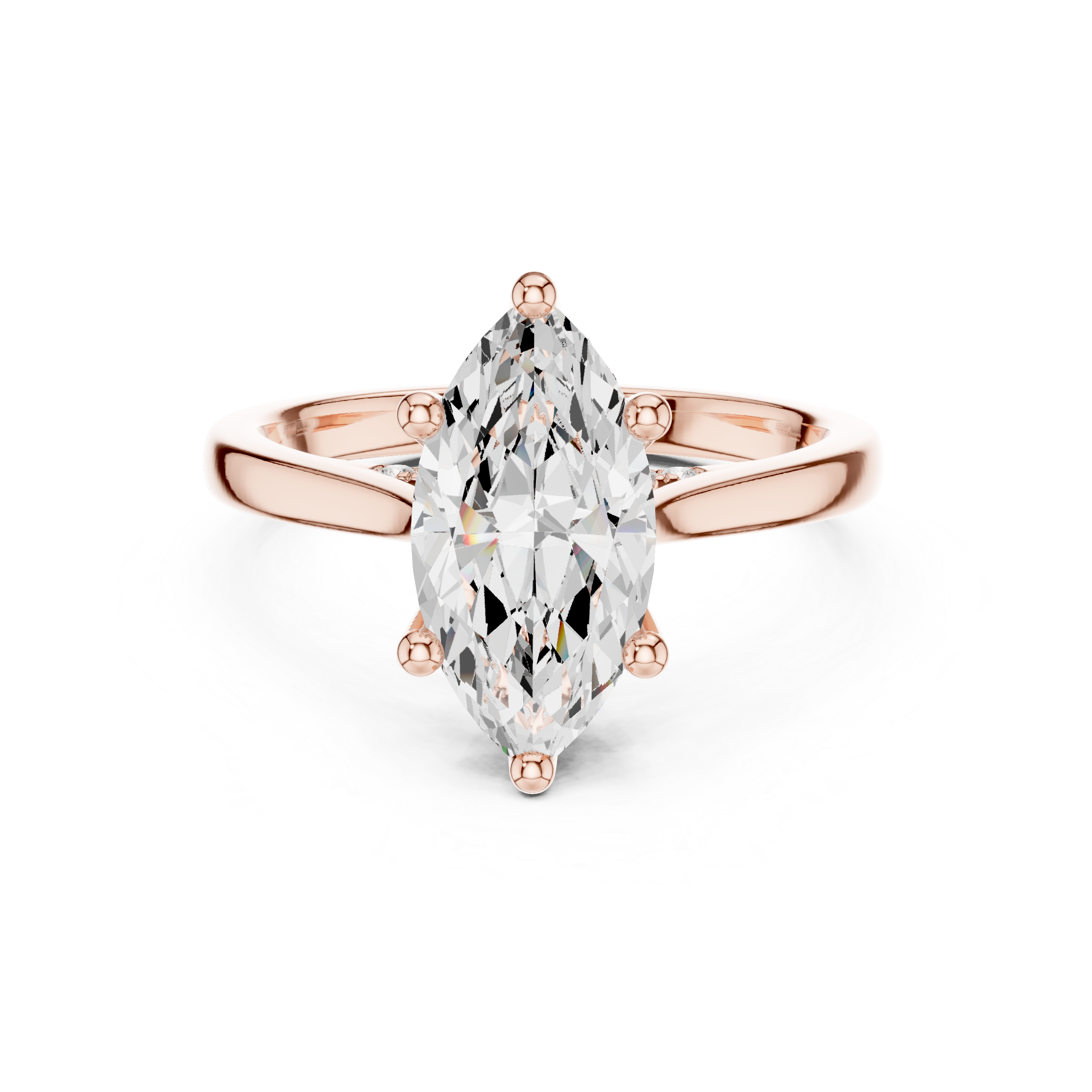 Rose gold ring with a large clear gemstone on a white background