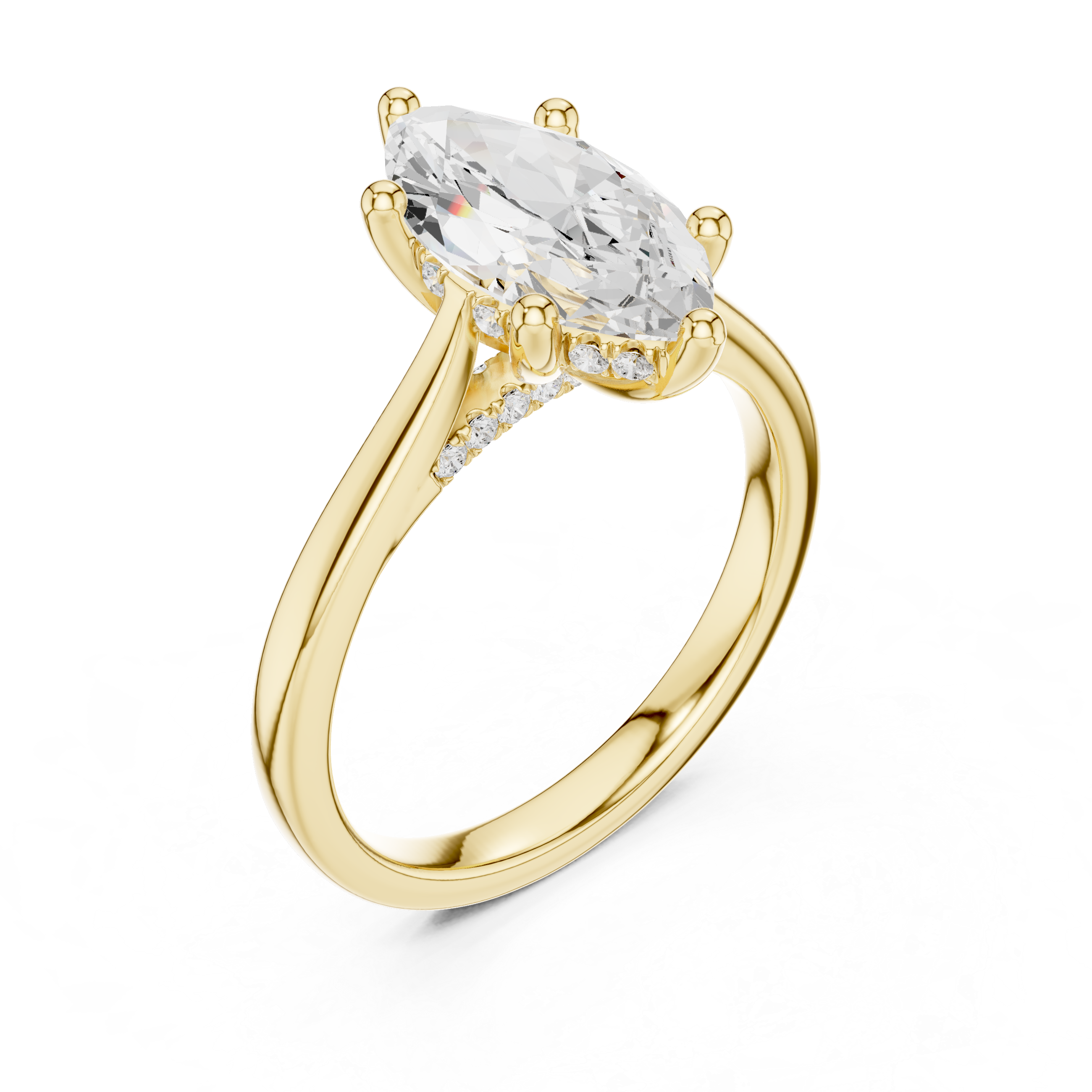 Gold ring with a large diamond on a white background