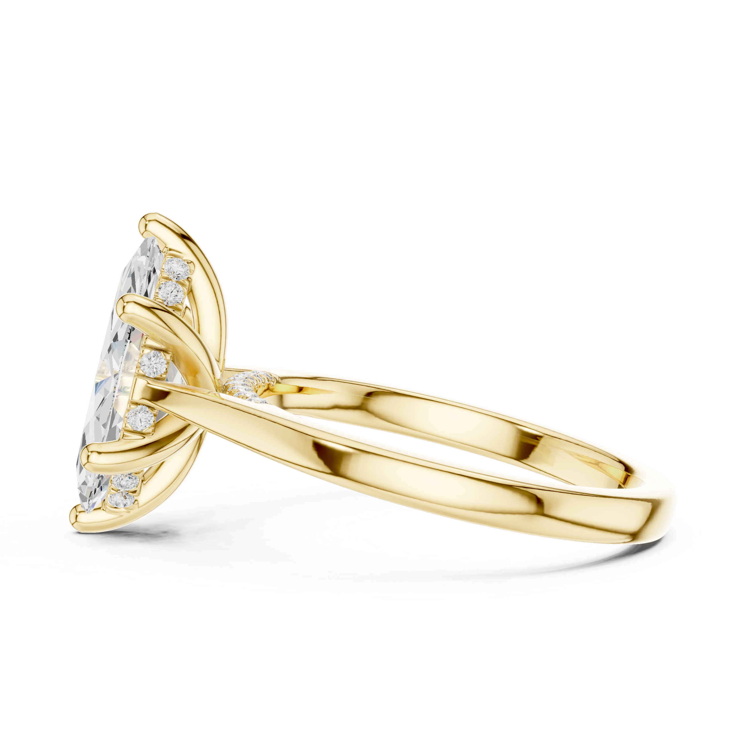 Gold ring with diamond accents on a white background
