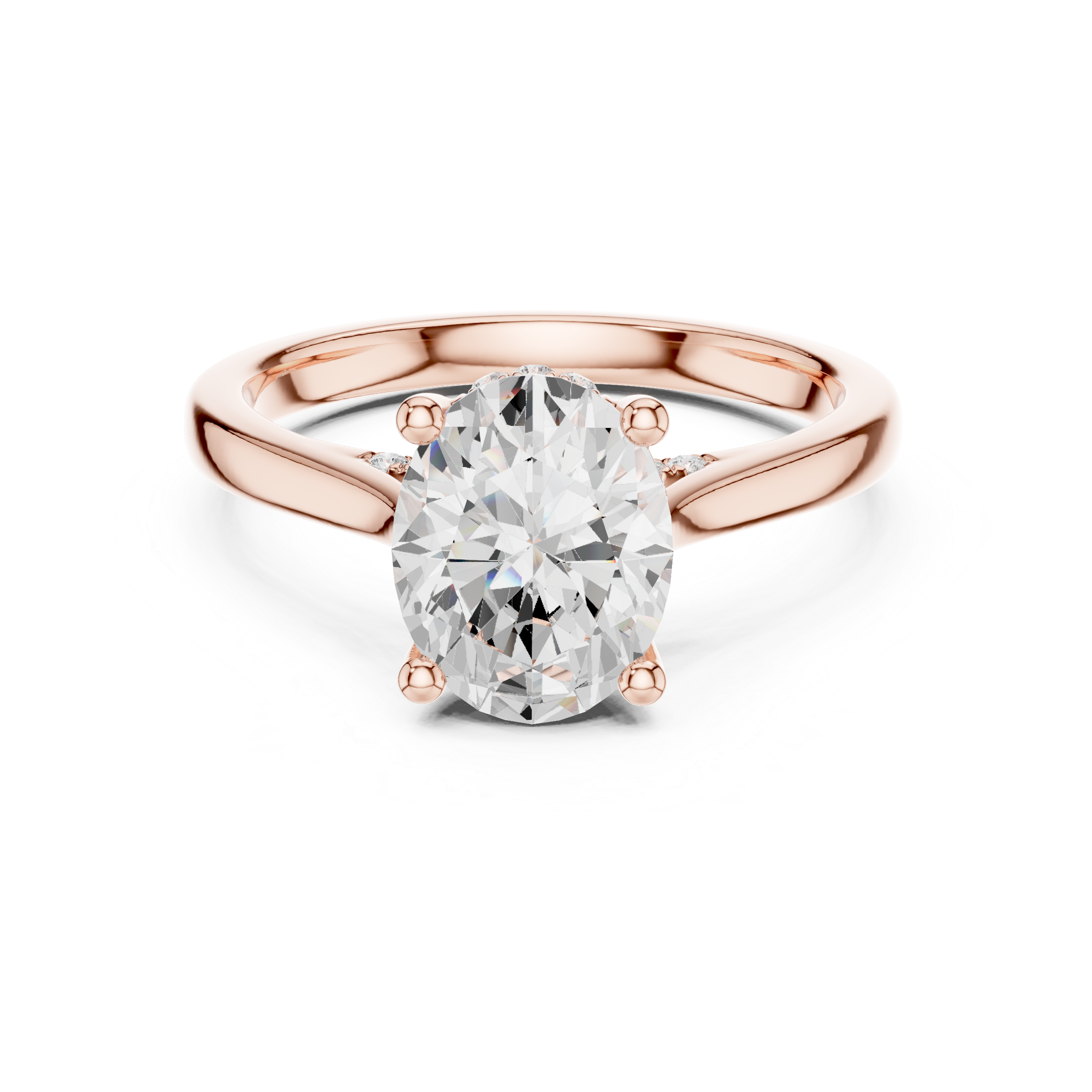 Rose gold ring with a large diamond on a white background