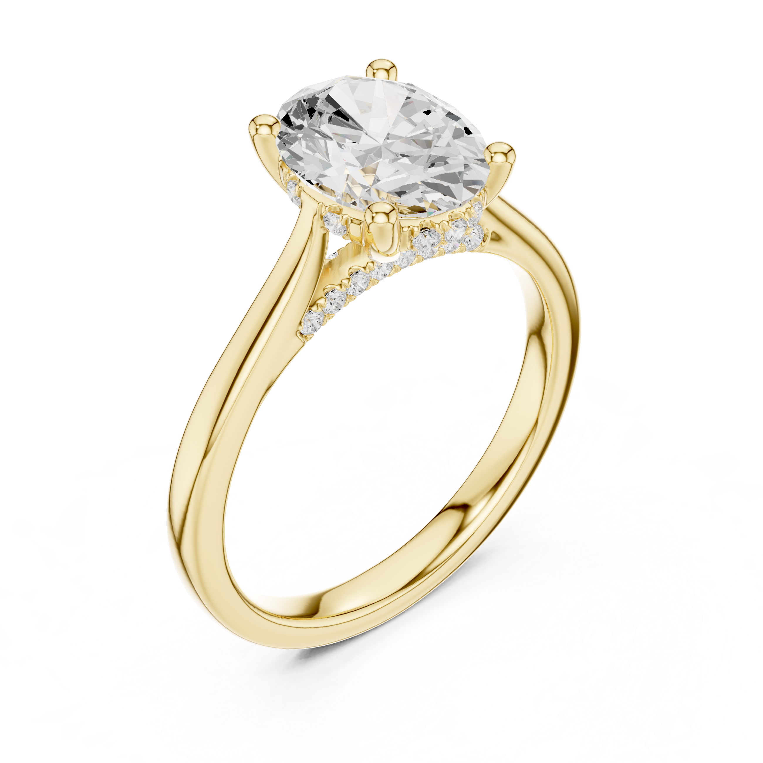 Gold ring with a large diamond and smaller diamonds on the band against a white background