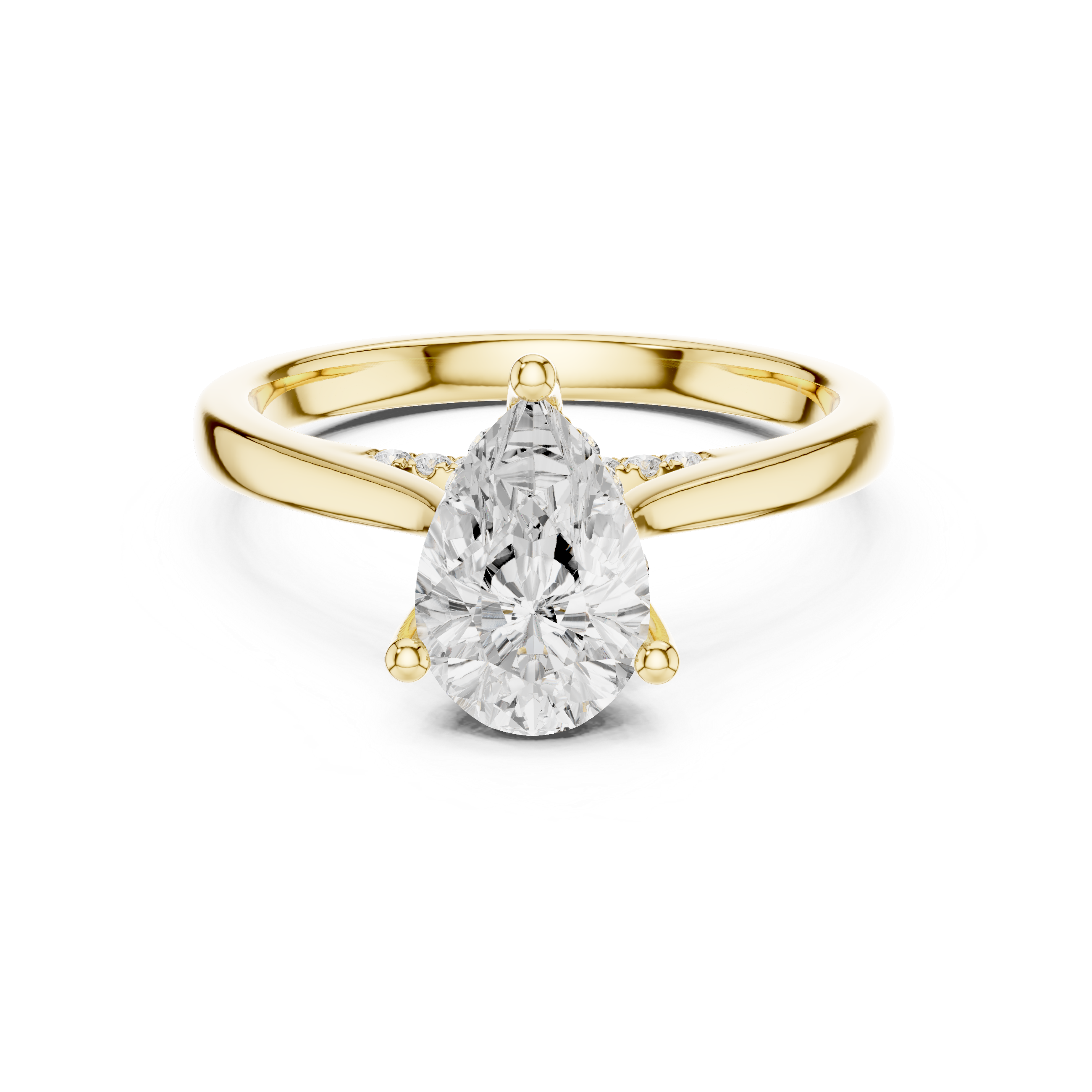 Gold ring with a pear-shaped diamond on a white background
